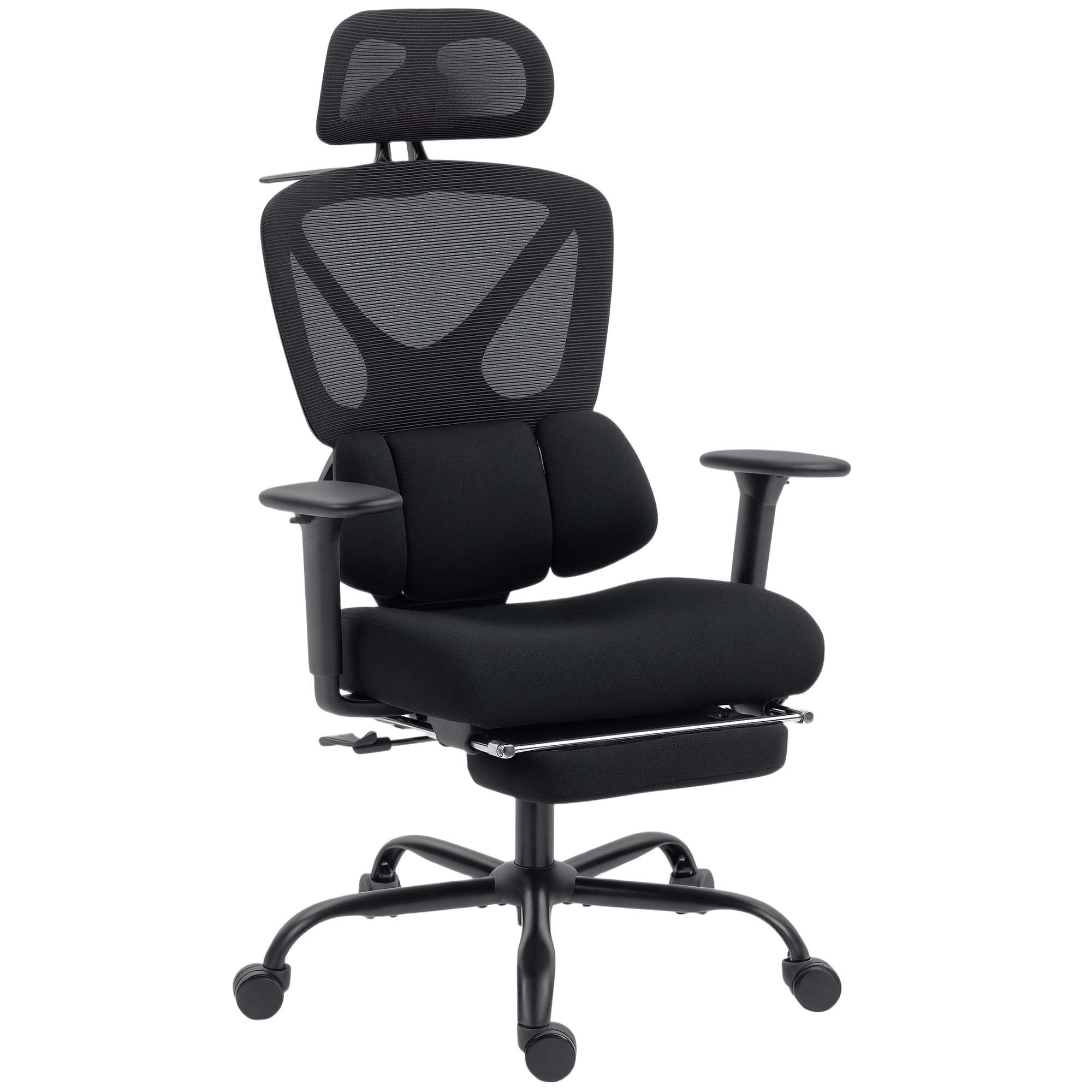 Una sedia da ufficio ergonomica nera con schienale in rete, poggiatesta e braccioli.