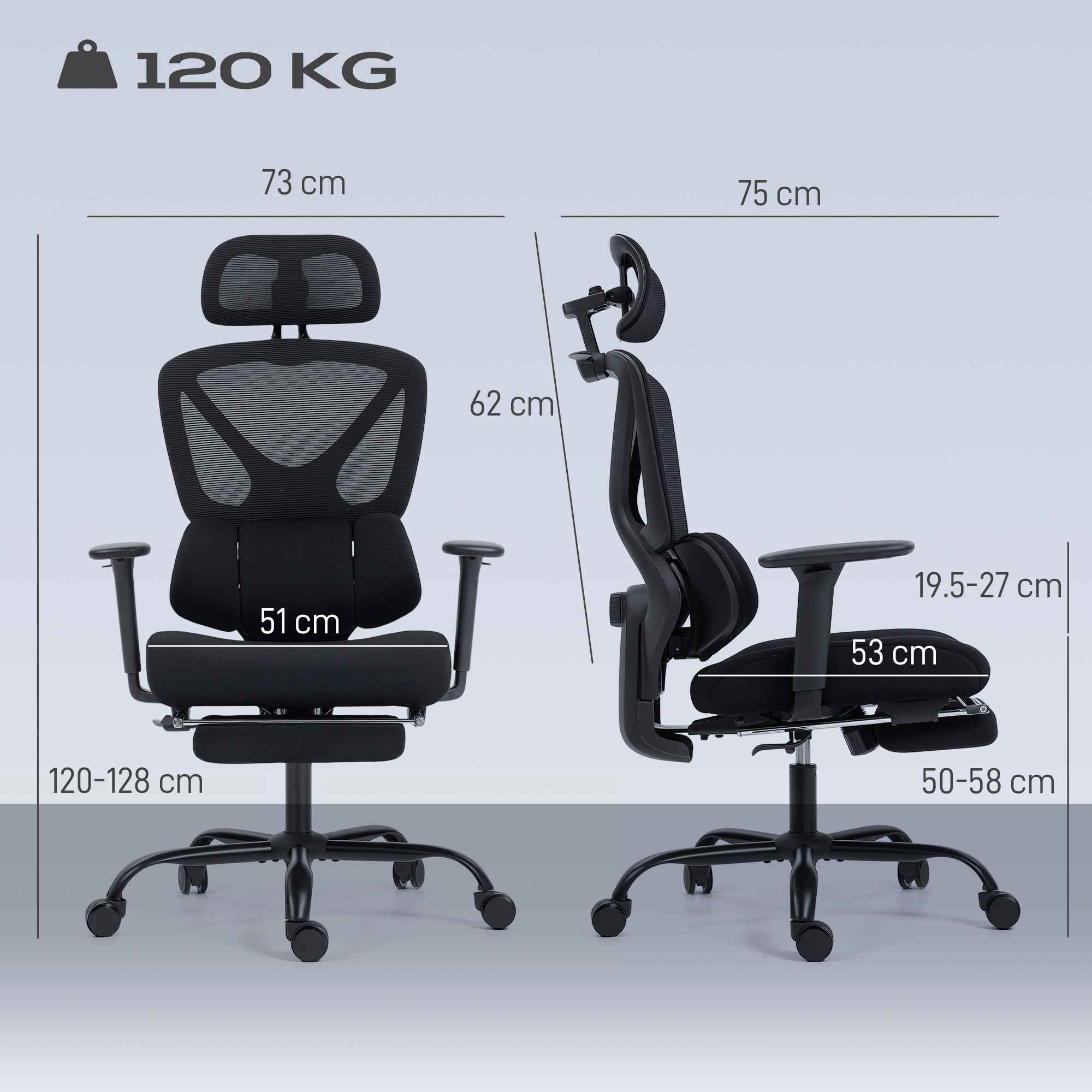 Sedia da ufficio ergonomica nera con dimensioni e capacità di 120 kg.