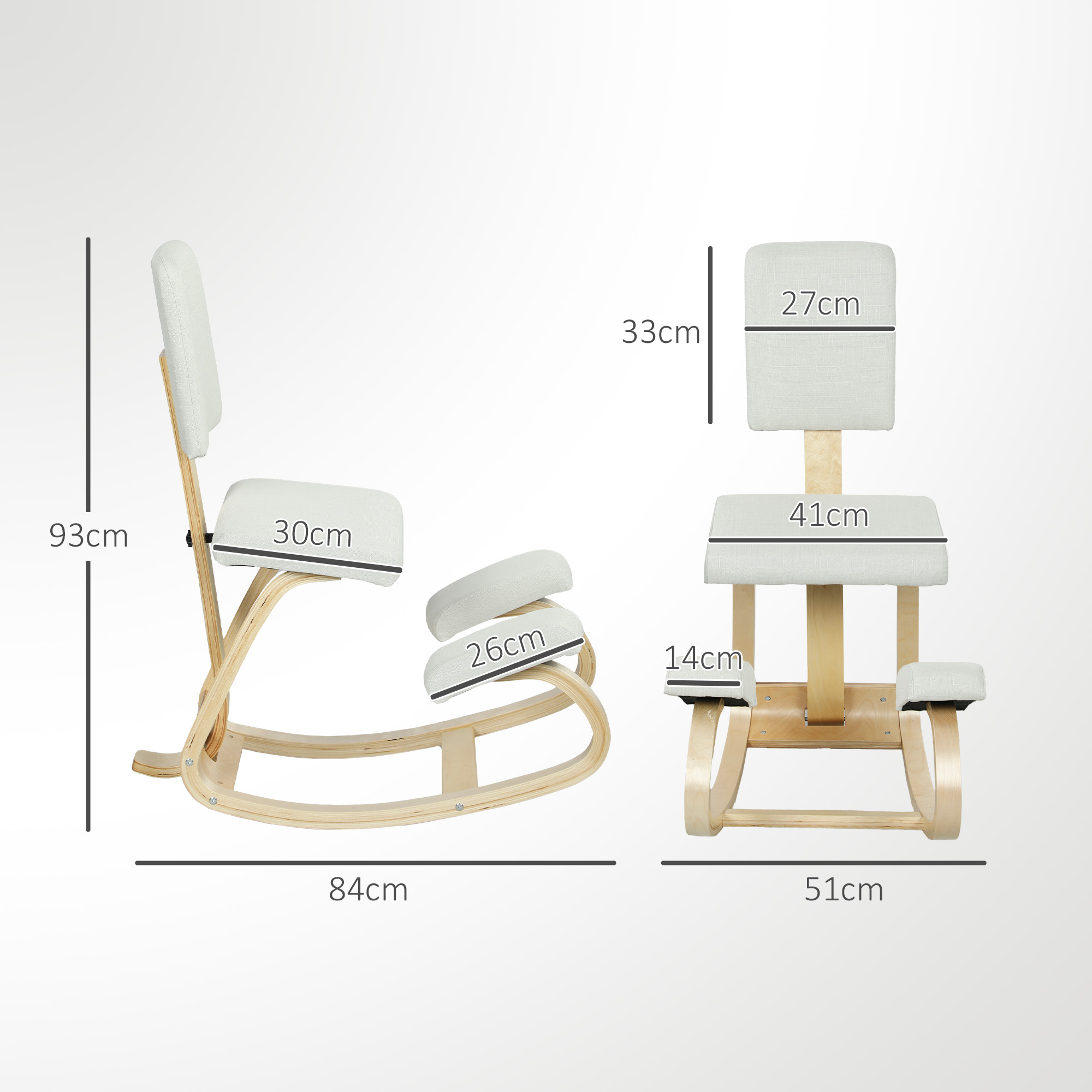 Sedia ergonomica con telaio in legno e seduta e ginocchiere imbottite grigie.