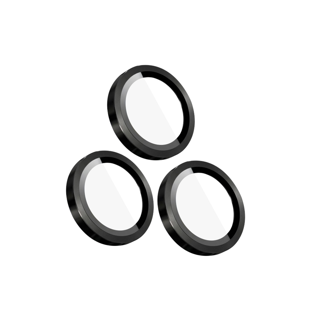 Drie zwarte ringen met heldere glazen inzetstukken, op witte achtergrond.