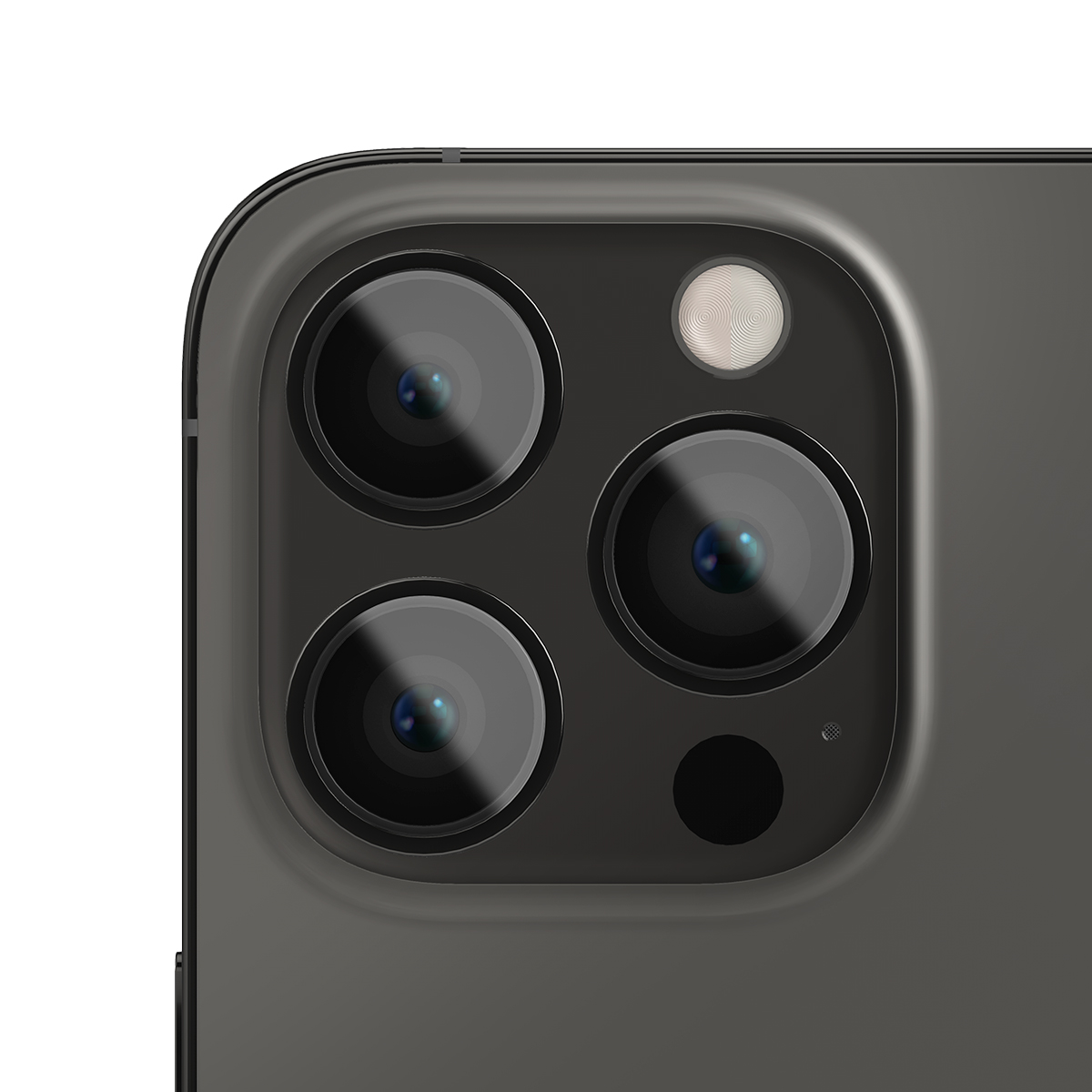 Close-up van de achtercamera van een donkere smartphone met drie lenzen en flitser.