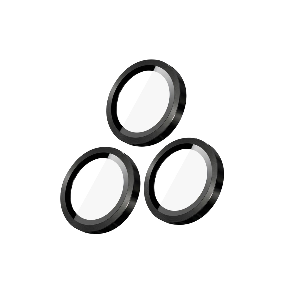Drie zwarte, cirkelvormige lensbeschermfolies gerangschikt op een witte achtergrond.