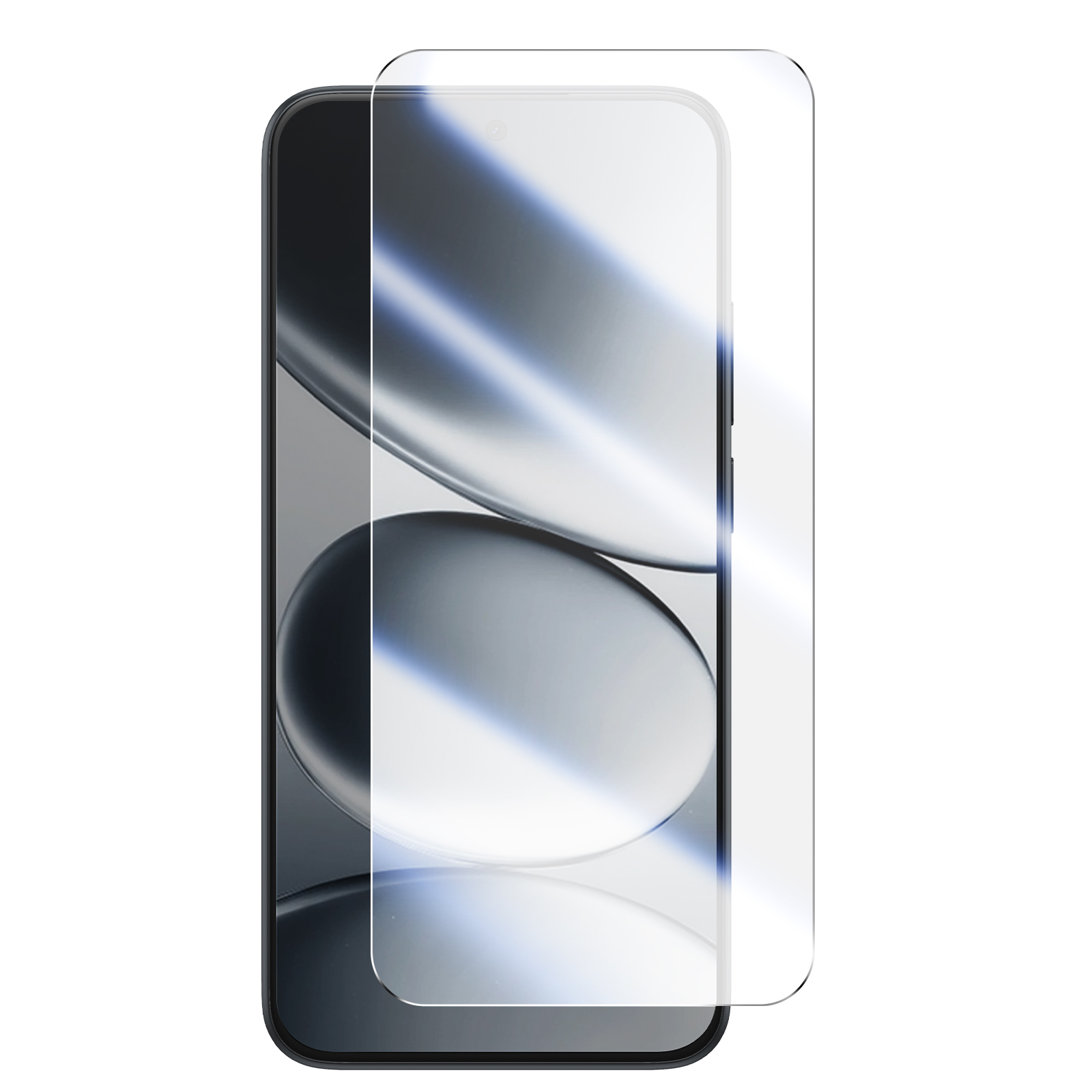 Un protector de pantalla de vidrio templado transparente yace sobre un smartphone negro con fondo oscuro.