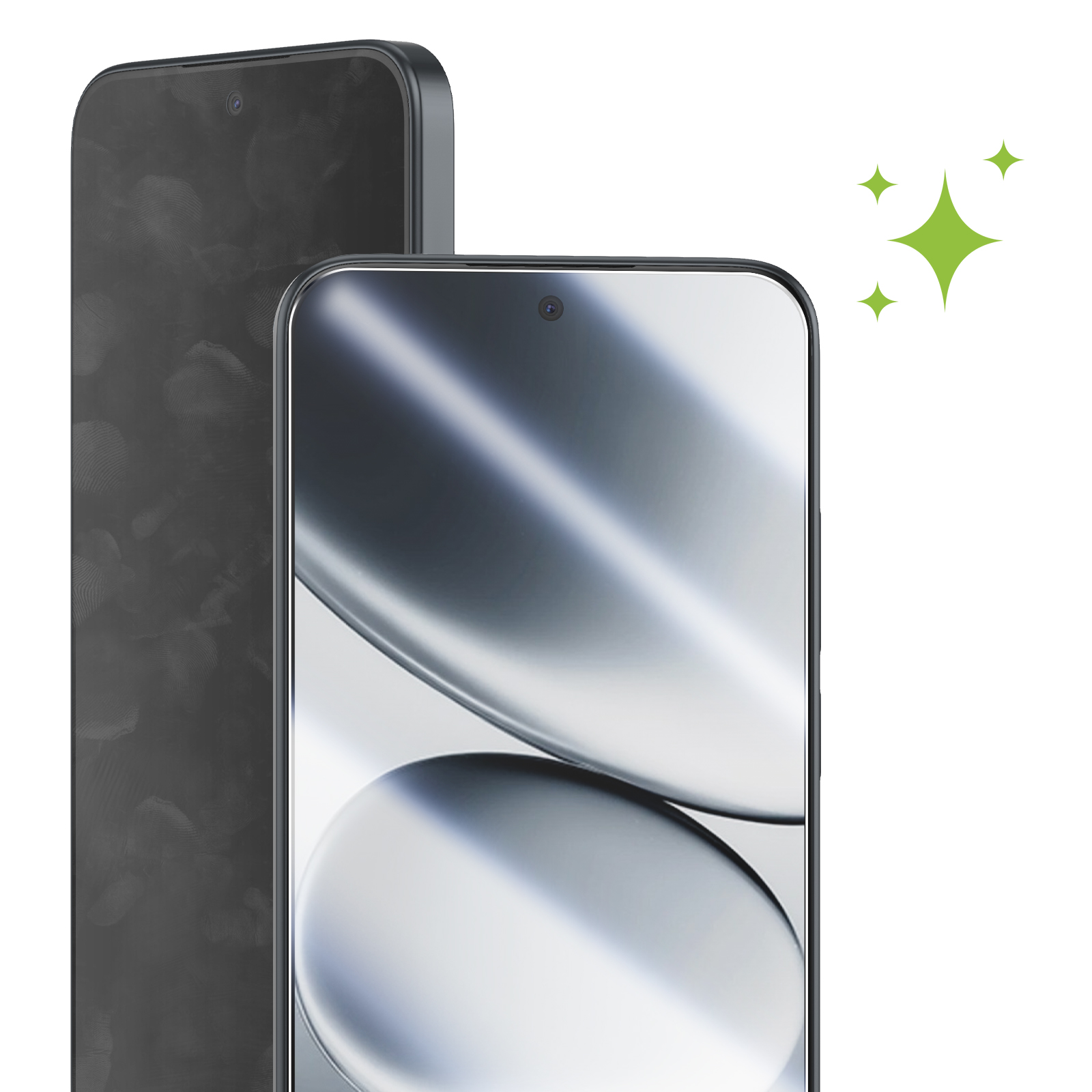 Dos teléfonos inteligentes, uno con huellas dactilares, otro con pantalla brillante.