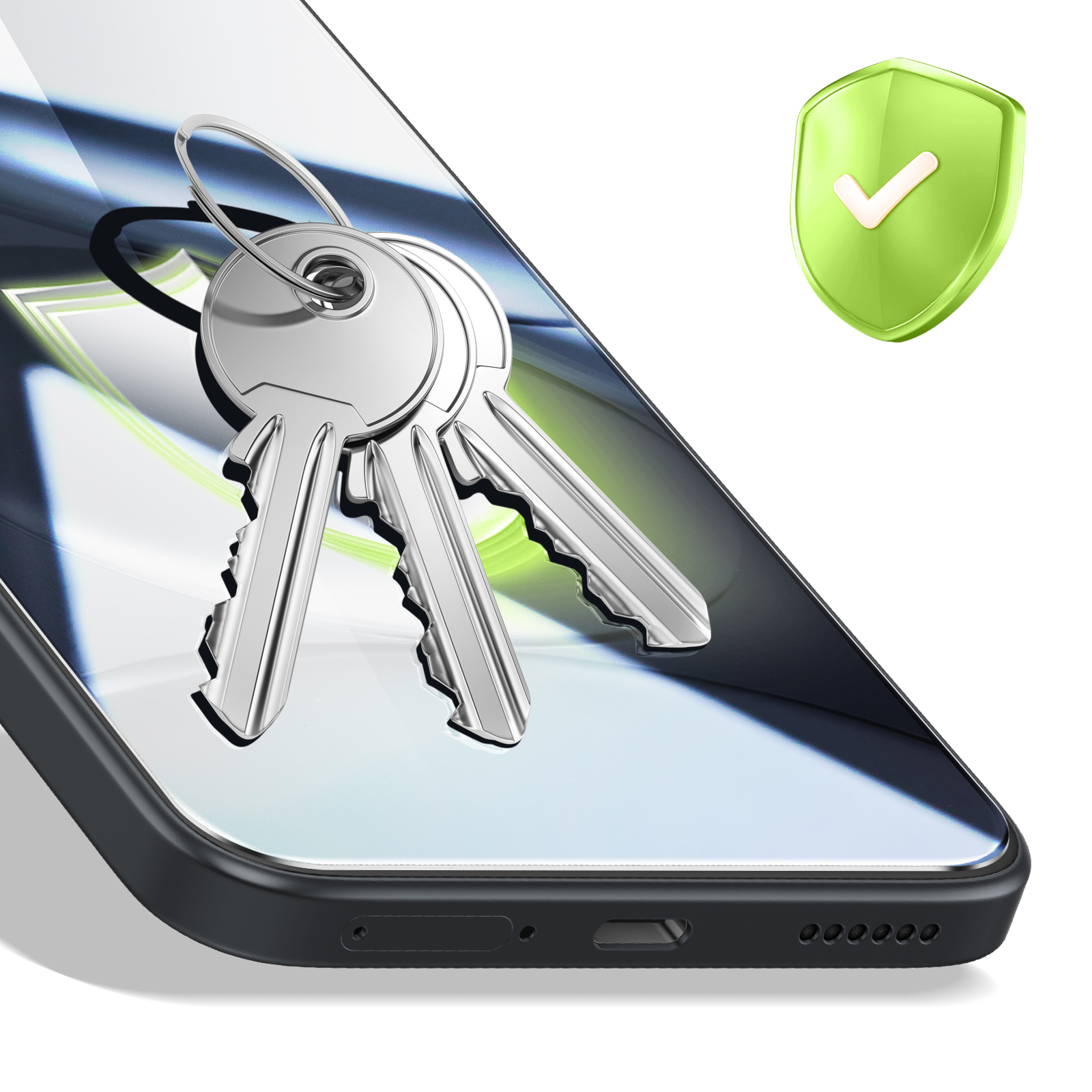 Llaves plateadas en la pantalla de un smartphone con un icono de escudo verde.
