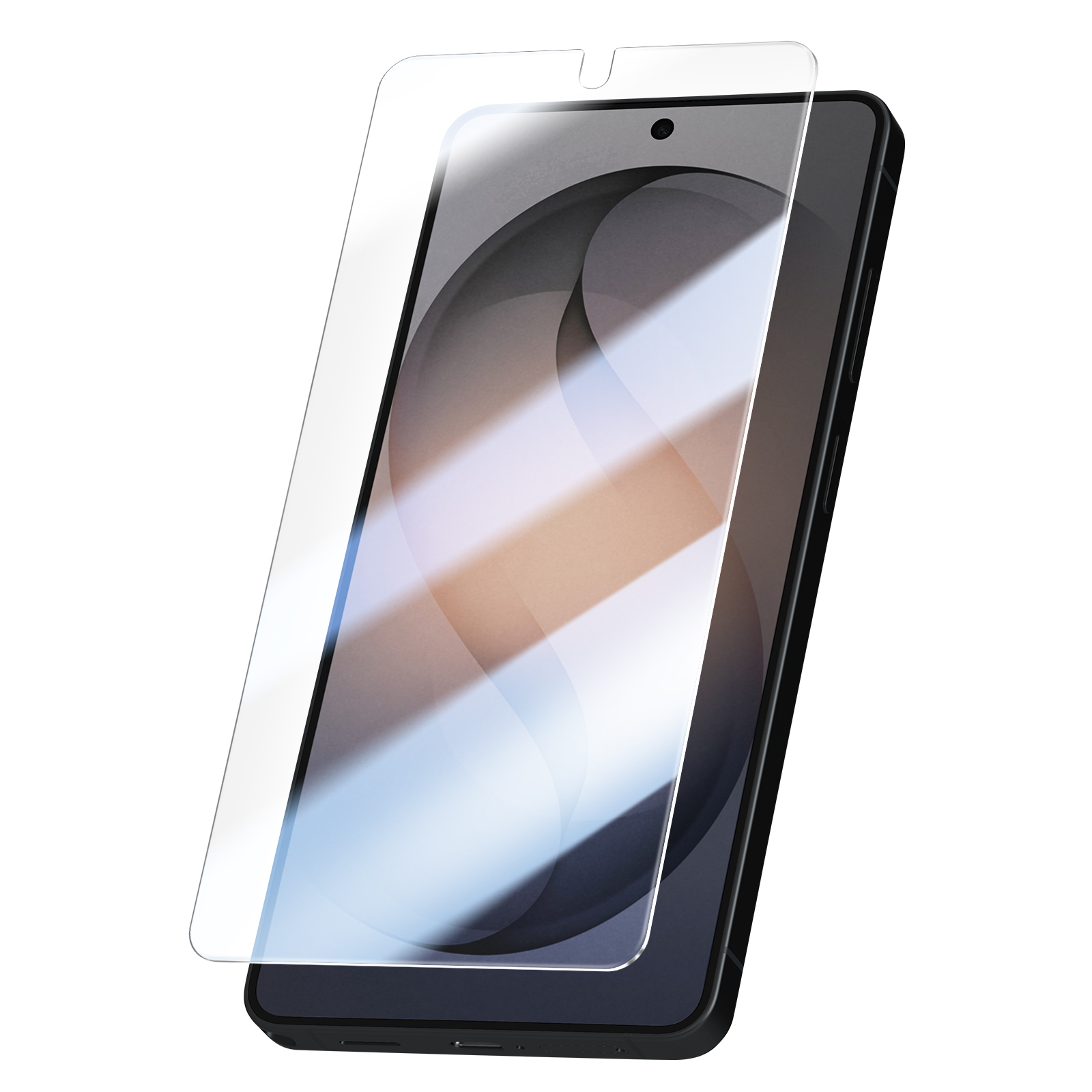 Een glazen screenprotector ligt op een zwarte smartphone.