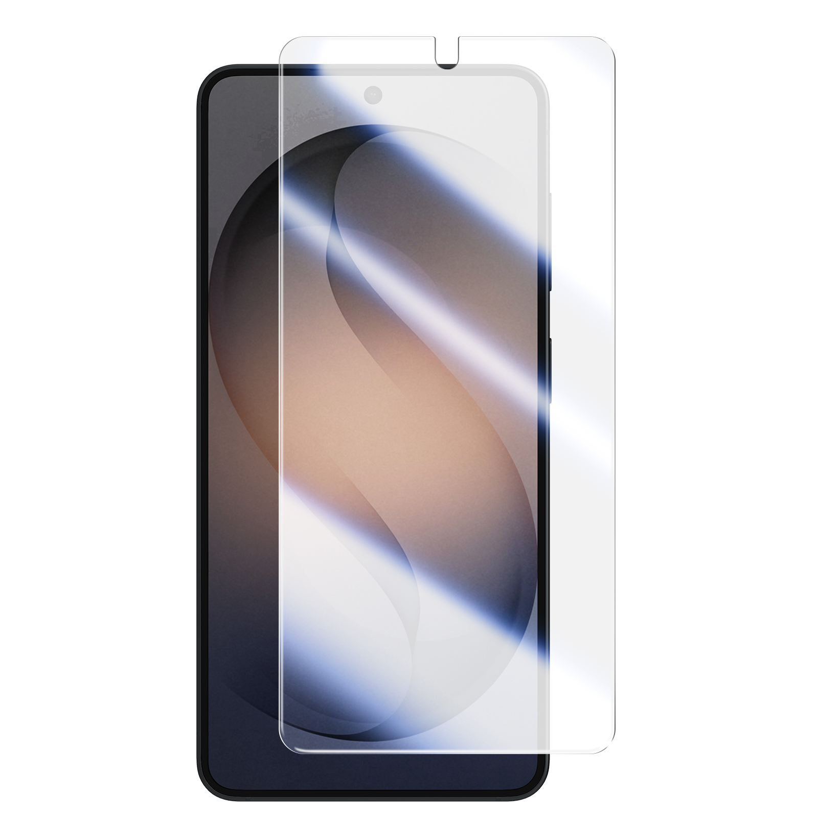 Een smartphone met een lichtjes uit het midden geplaatste screenprotector.