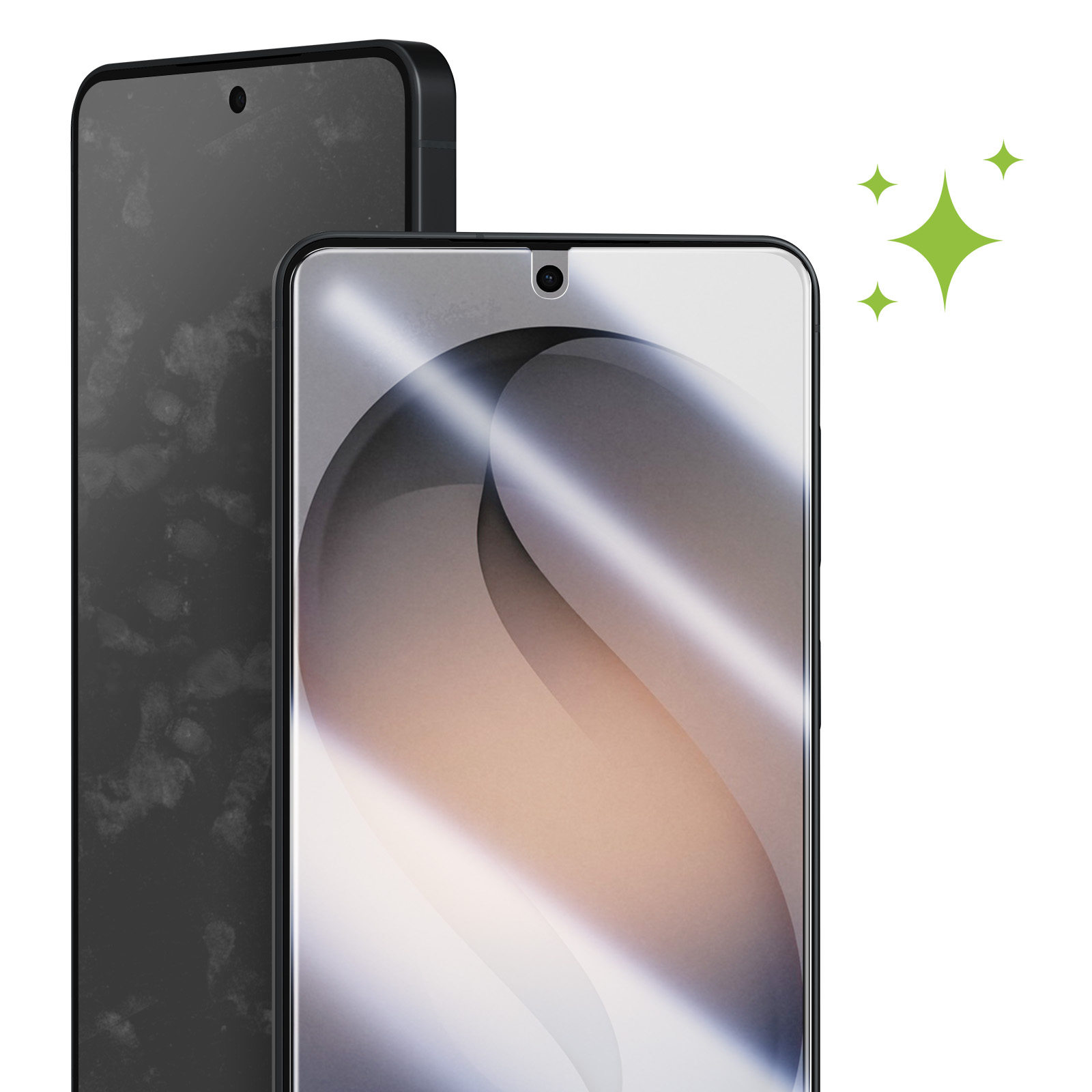 Twee smartphones: één vies, één schoon met groene vonkjes.