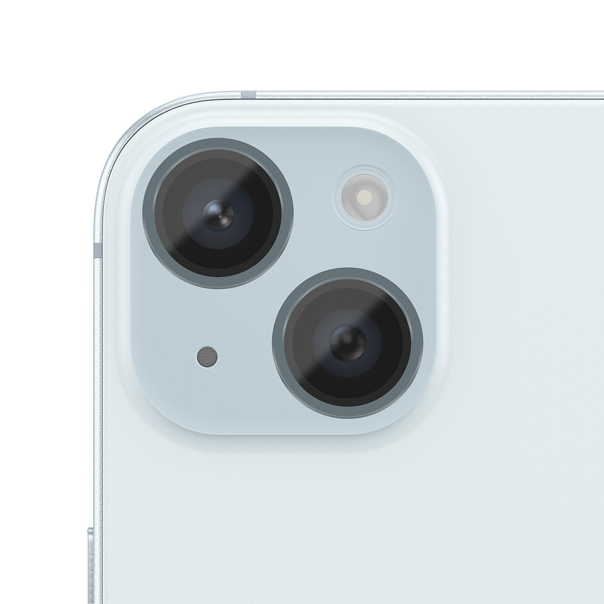 Primo piano del retro di uno smartphone azzurro, con due fotocamere e un flash.
