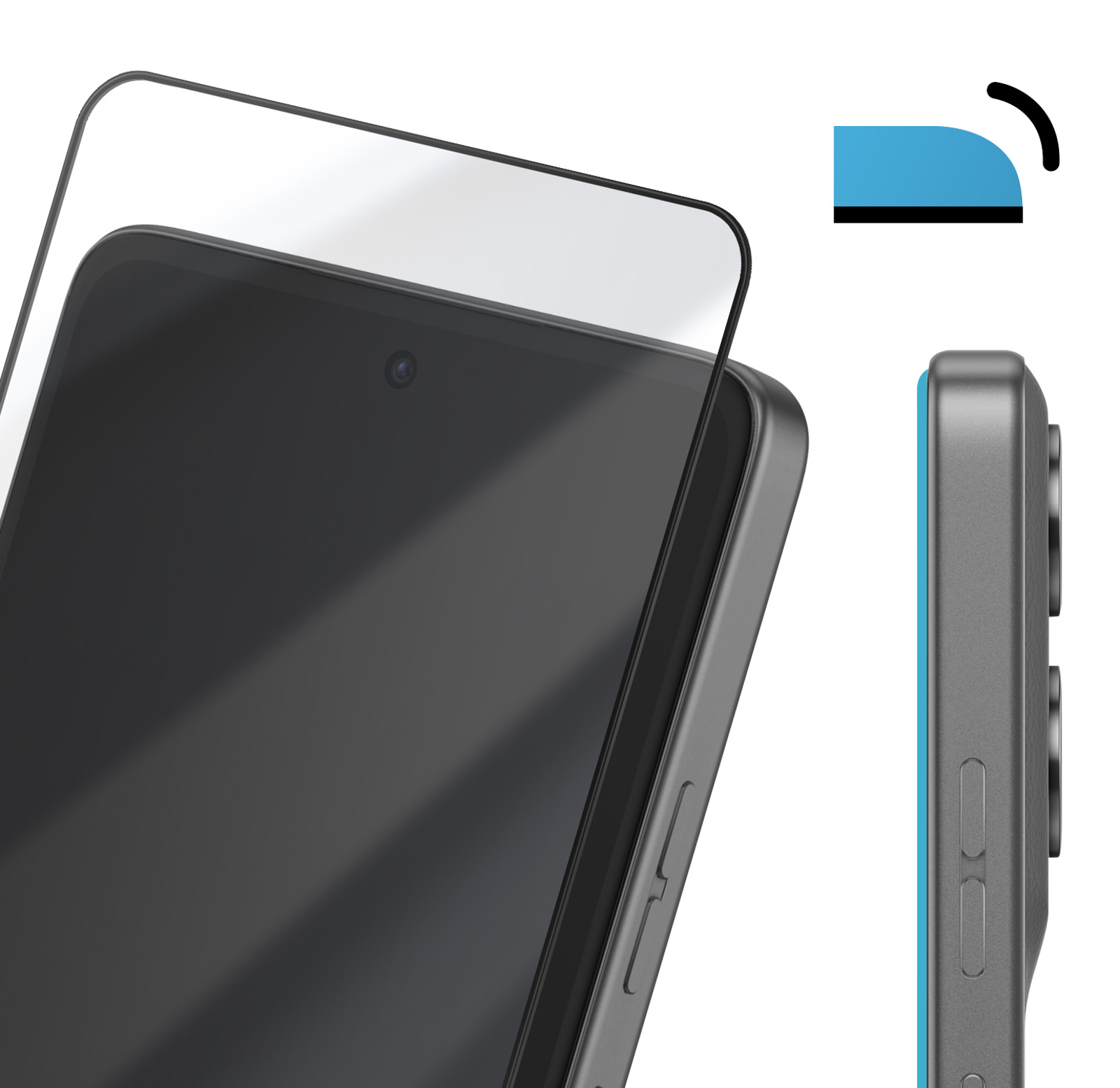 Een schermprotector voor een telefoon ligt over een donkere telefoon. Zijaanzicht toont knoppen.