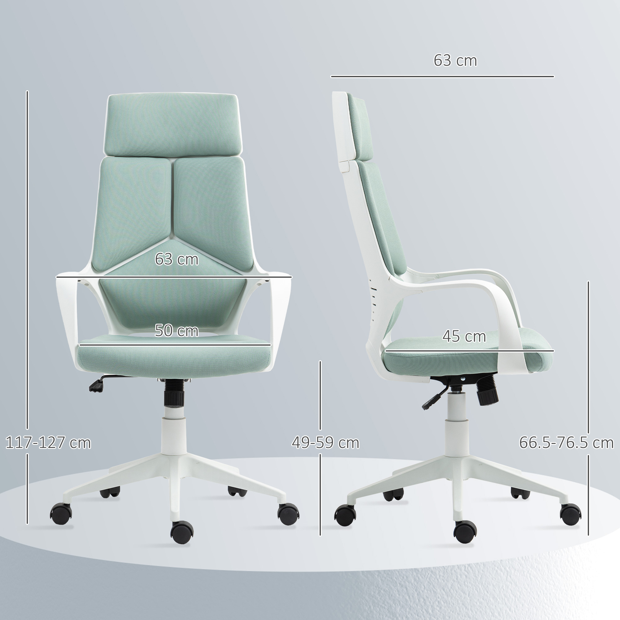 Una moderna sedia da ufficio con imbottitura verde menta e telaio bianco.