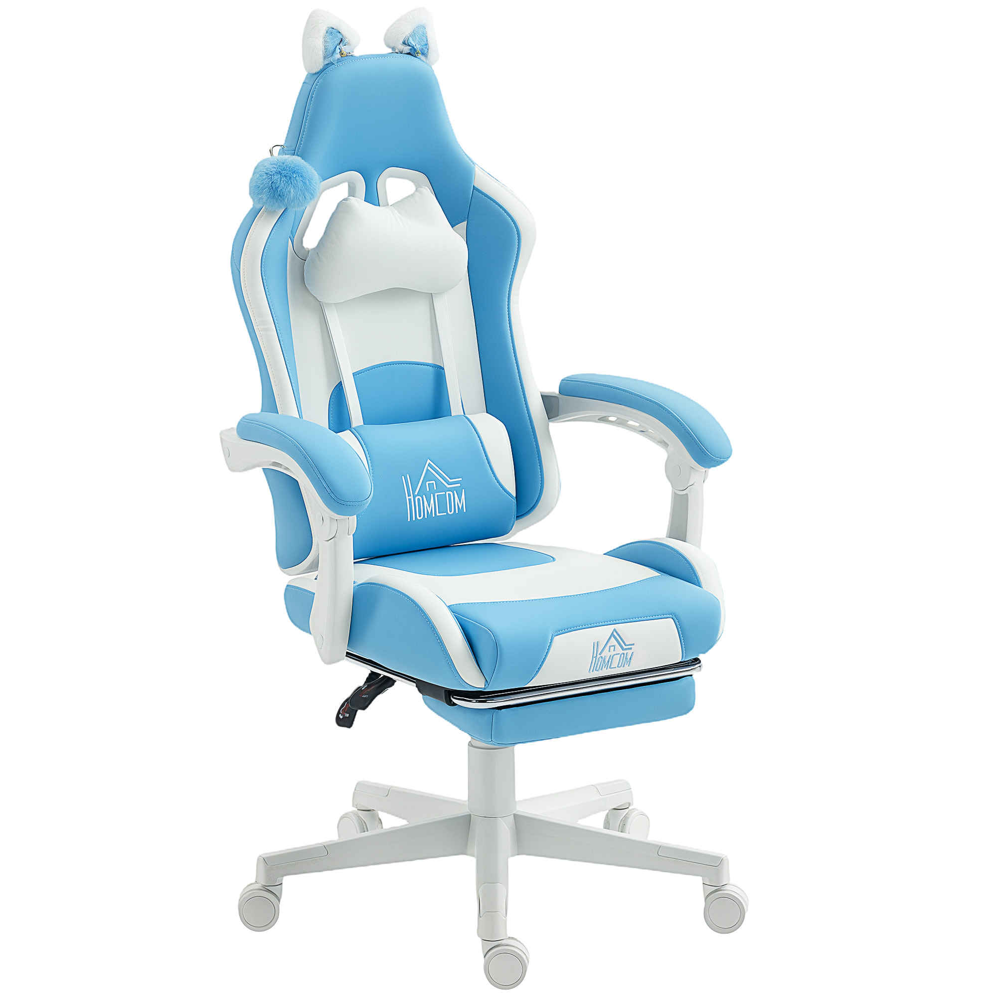 Una sedia da gaming blu e bianca con orecchie da gatto e un ciondolo soffice.