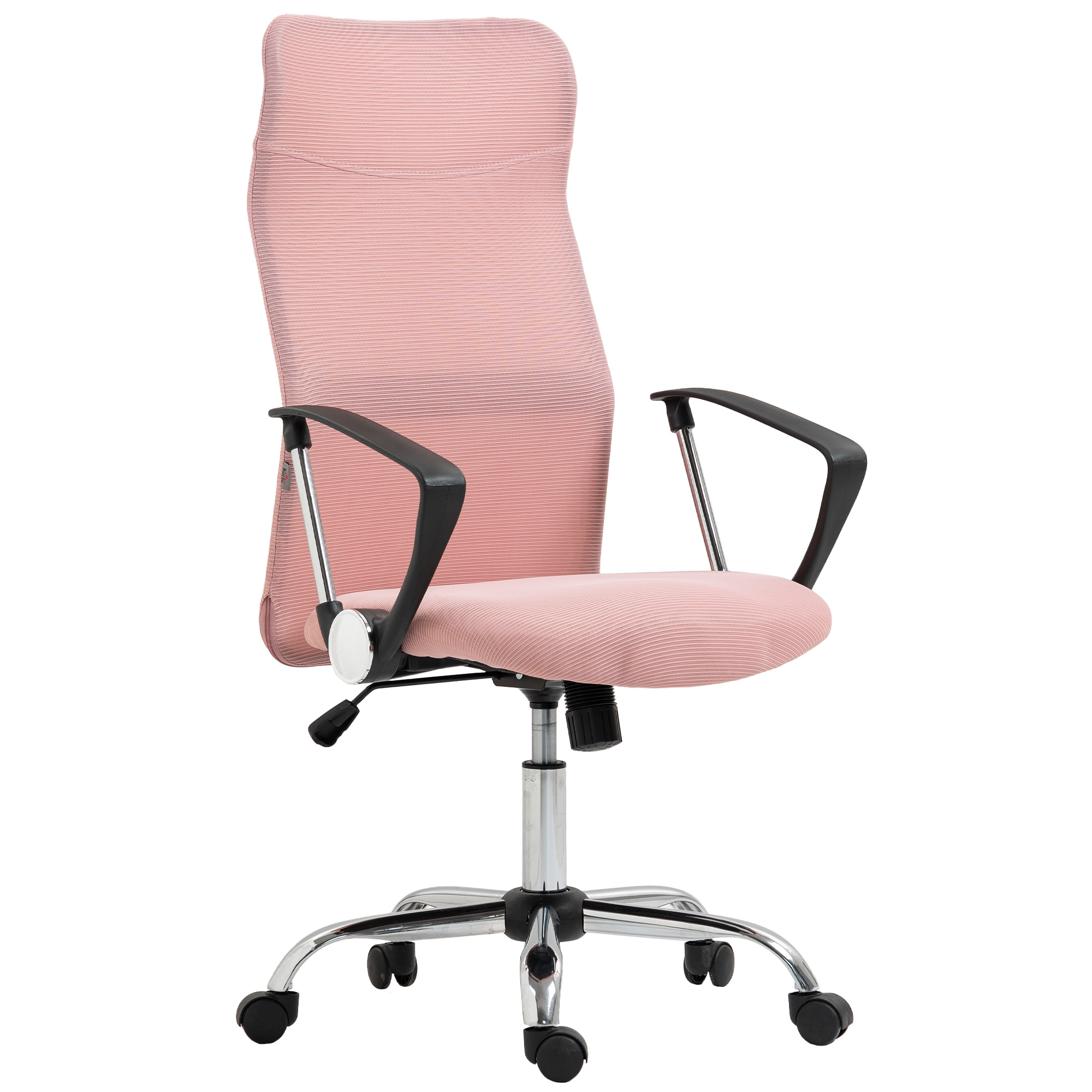 Una sedia da ufficio rosa con ruote e braccioli neri.