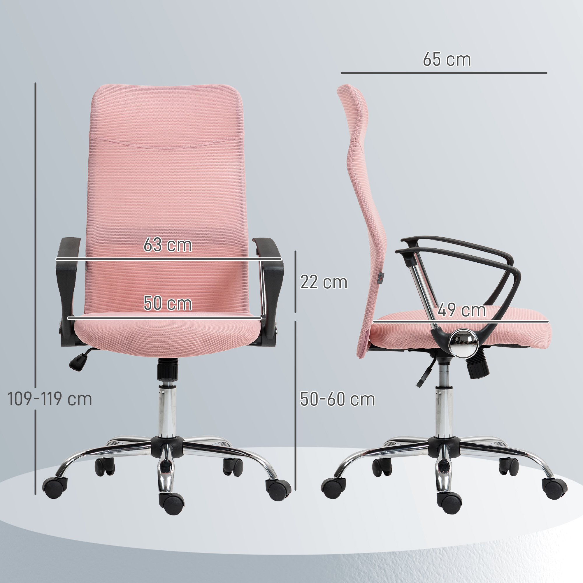 Una sedia da ufficio rosa con dimensioni: altezza 109-119 cm, larghezza 63 cm, profondità seduta 50 cm.