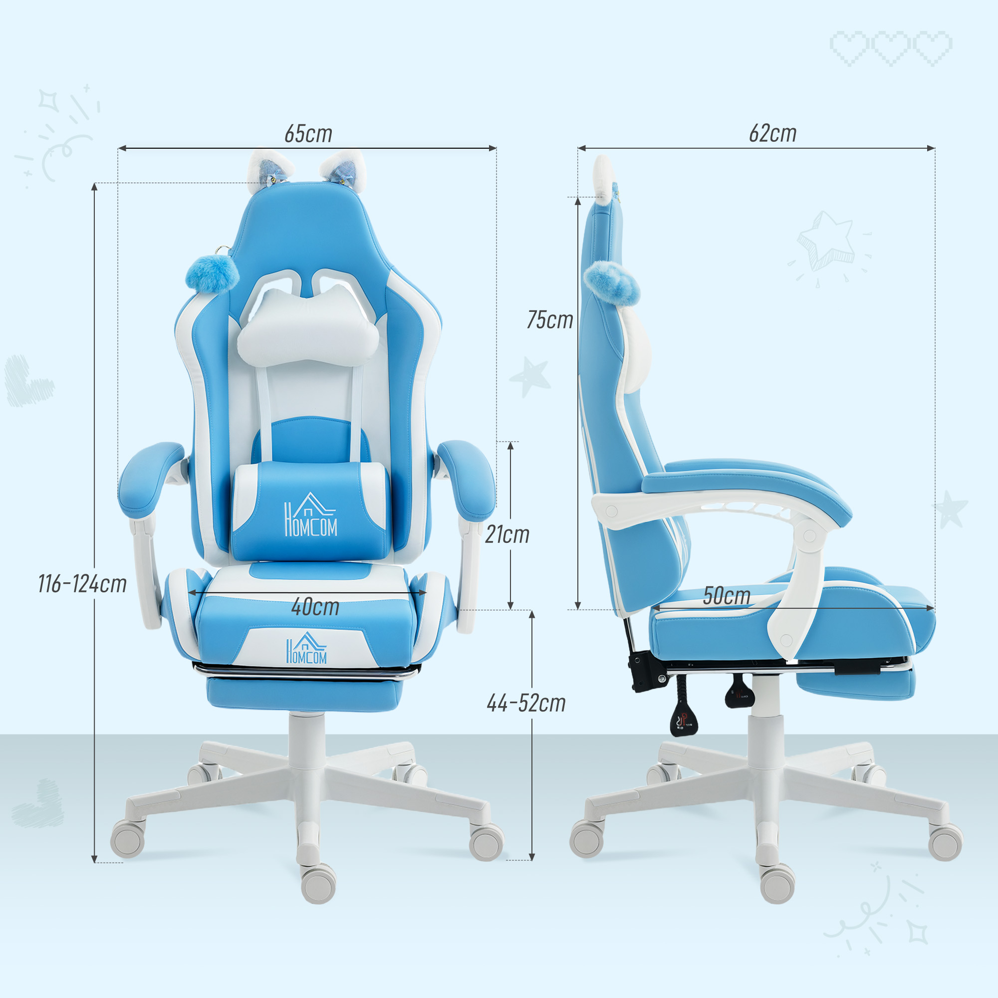 Sedia da gaming blu con accenti bianchi, orecchie e pompon. Misure indicate.