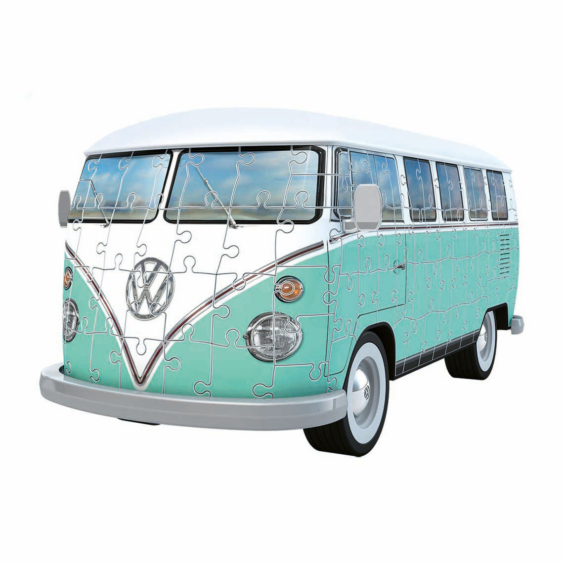 Ein teal-weißer Volkswagen-Bus-Puzzle von vorne, vor weißem Hintergrund.