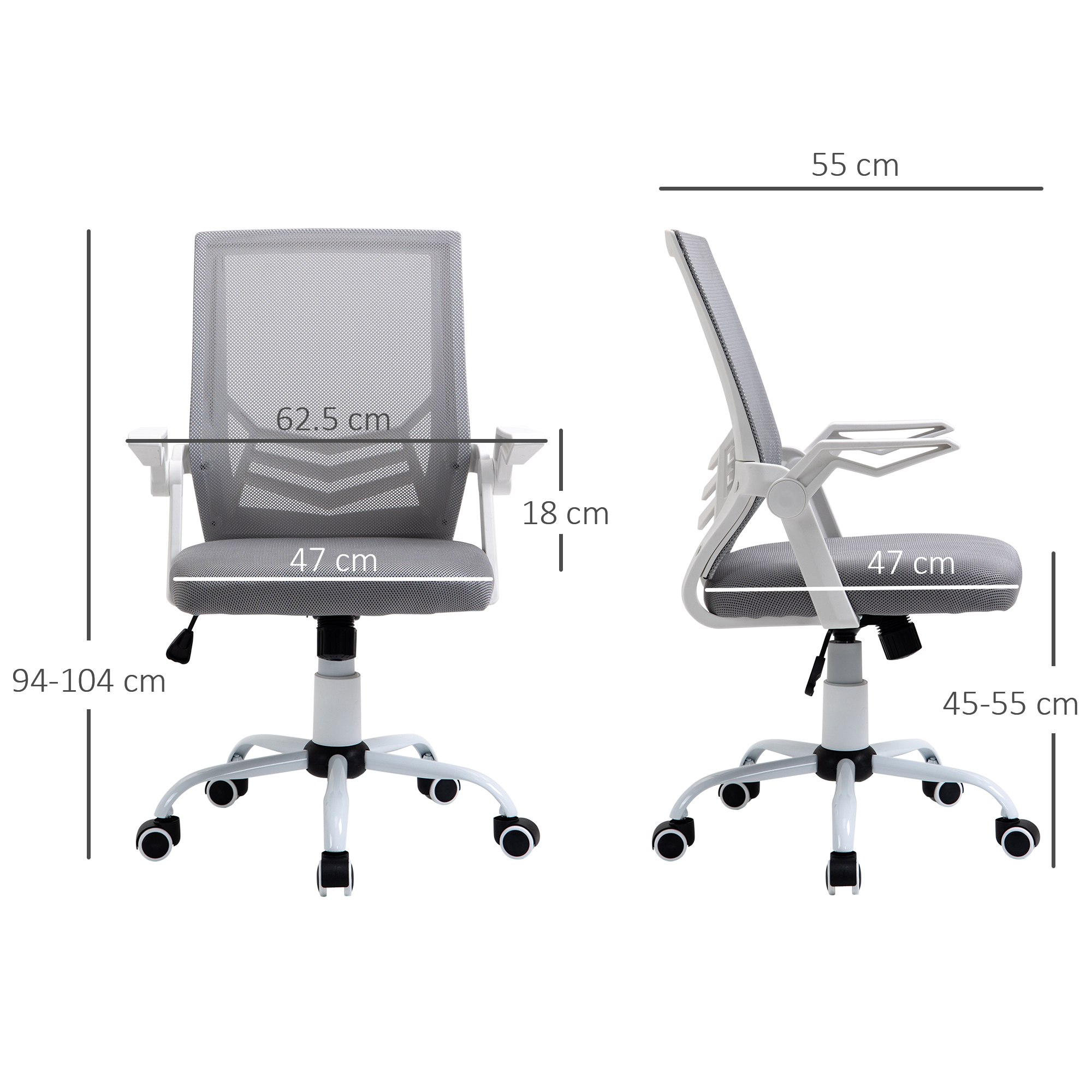 Sedia da ufficio grigia in rete con base bianca. Dimensioni: L 62.5cm, P Sed 47cm, H 94-104cm.