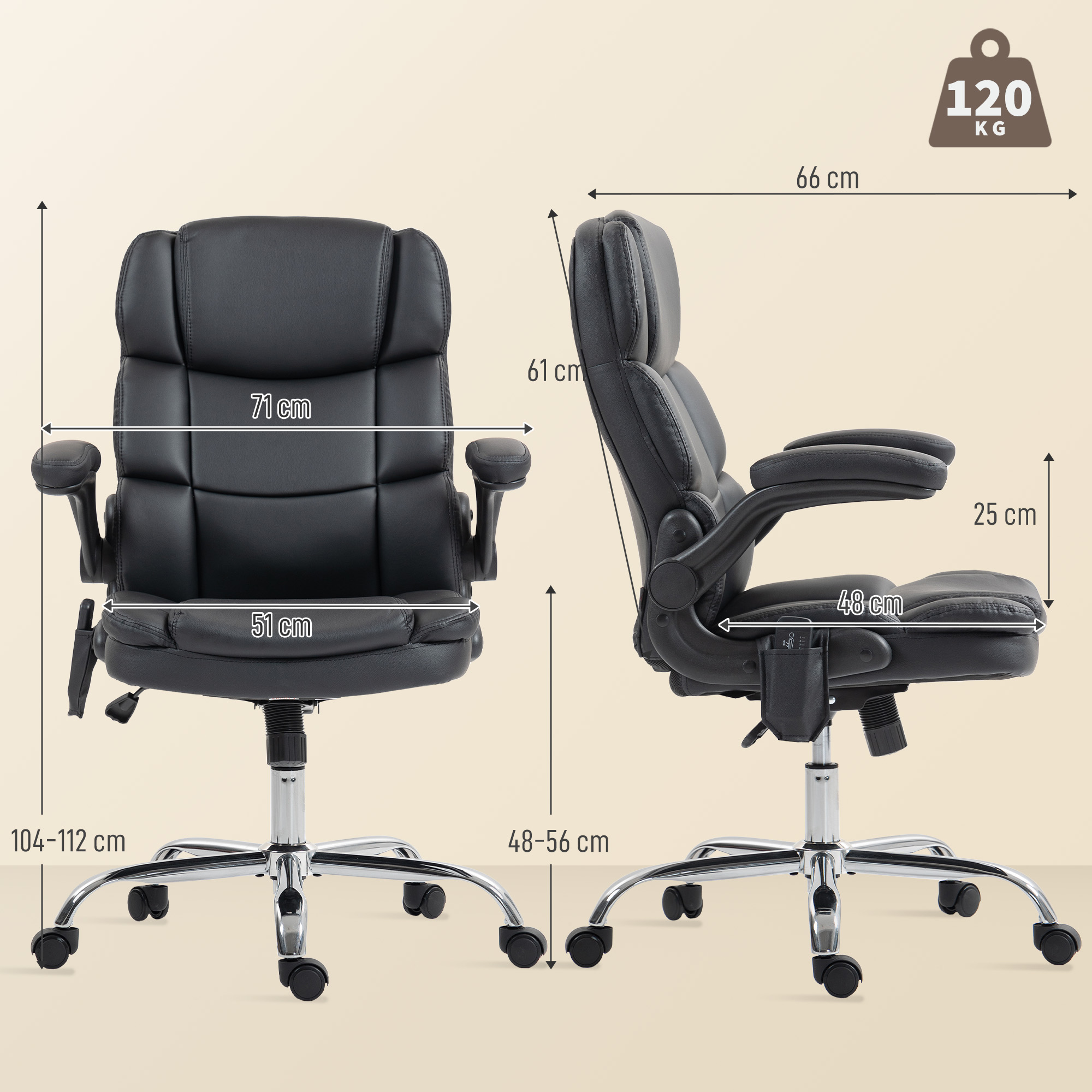 Sedia da ufficio nera con dimensioni: 71cm larghezza, 61cm altezza, 51cm profondità seduta, capacità 120kg.