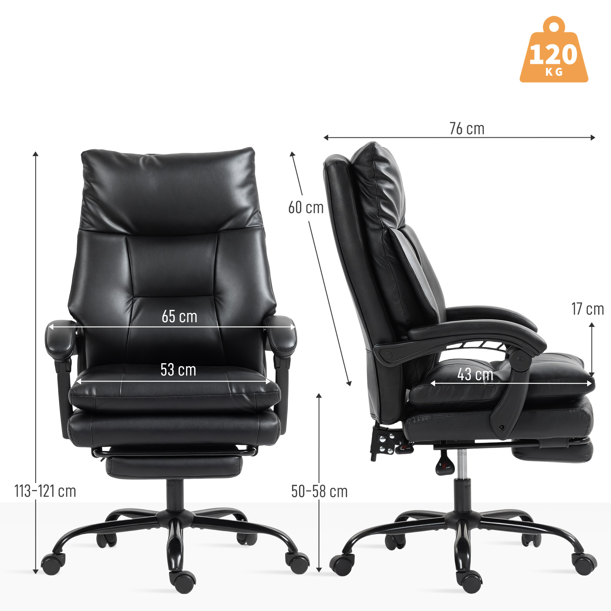 Sedia da ufficio nera con dimensioni e capacità 120 kg.