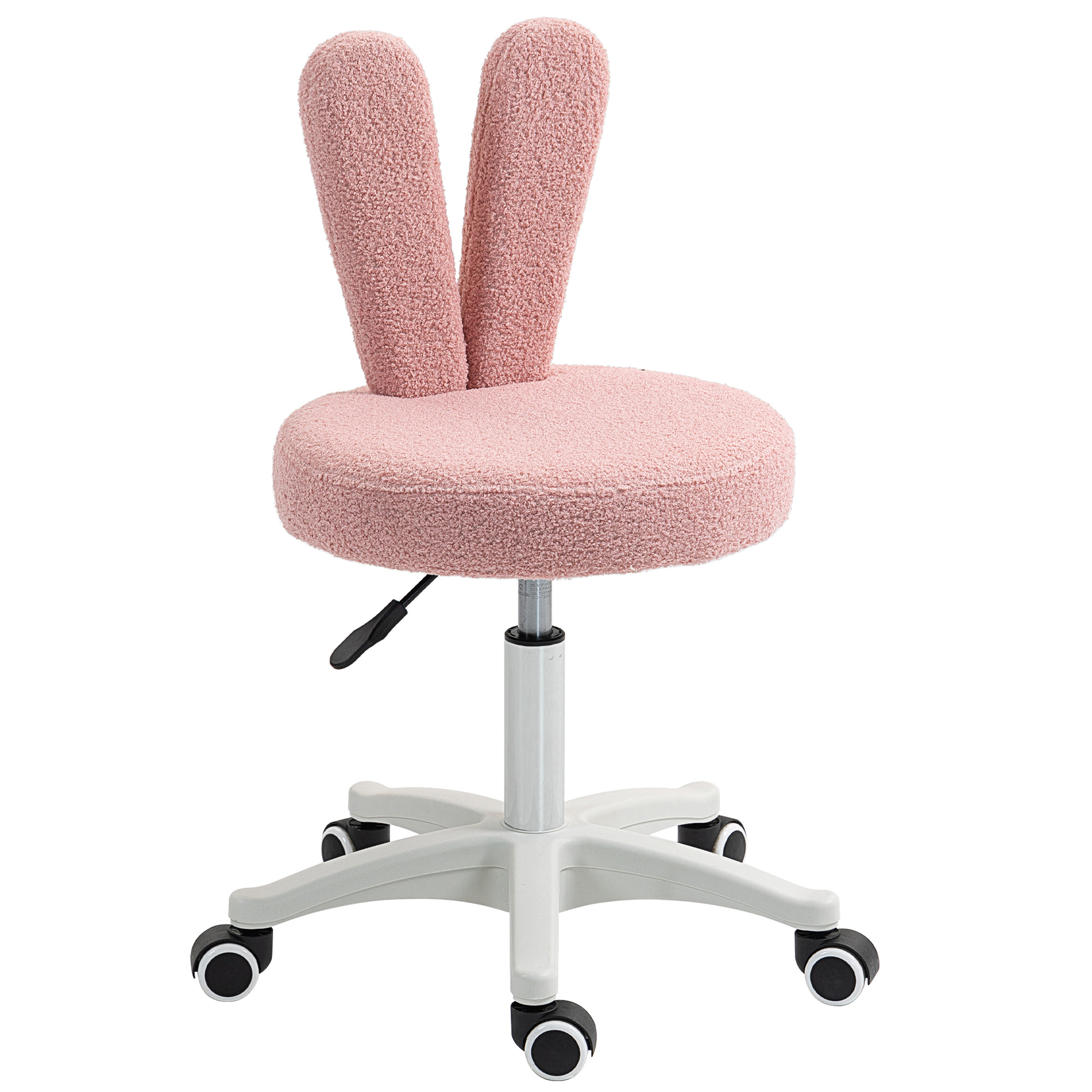 Una sedia da scrivania rosa in peluche con orecchie da coniglio e ruote.