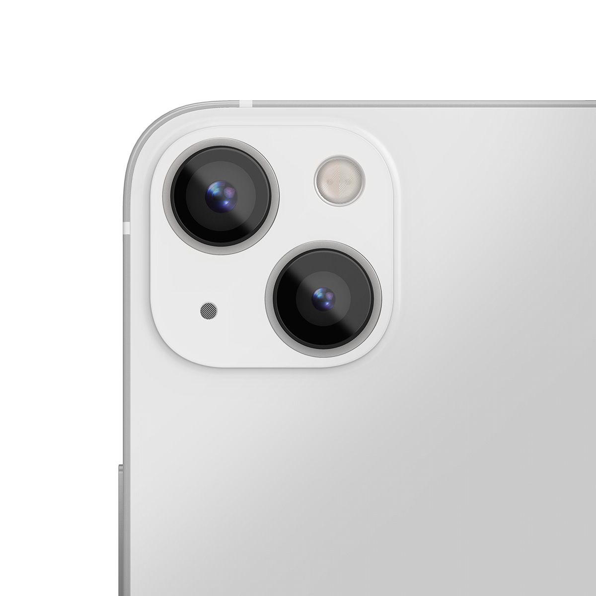 Gros plan du système de caméra blanc de l'iPhone 13 Pro avec deux objectifs.