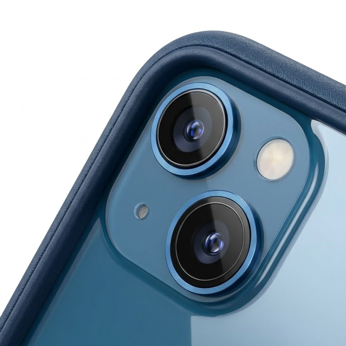 Gros plan d'un appareil photo de smartphone bleu avec deux objectifs et un flash.