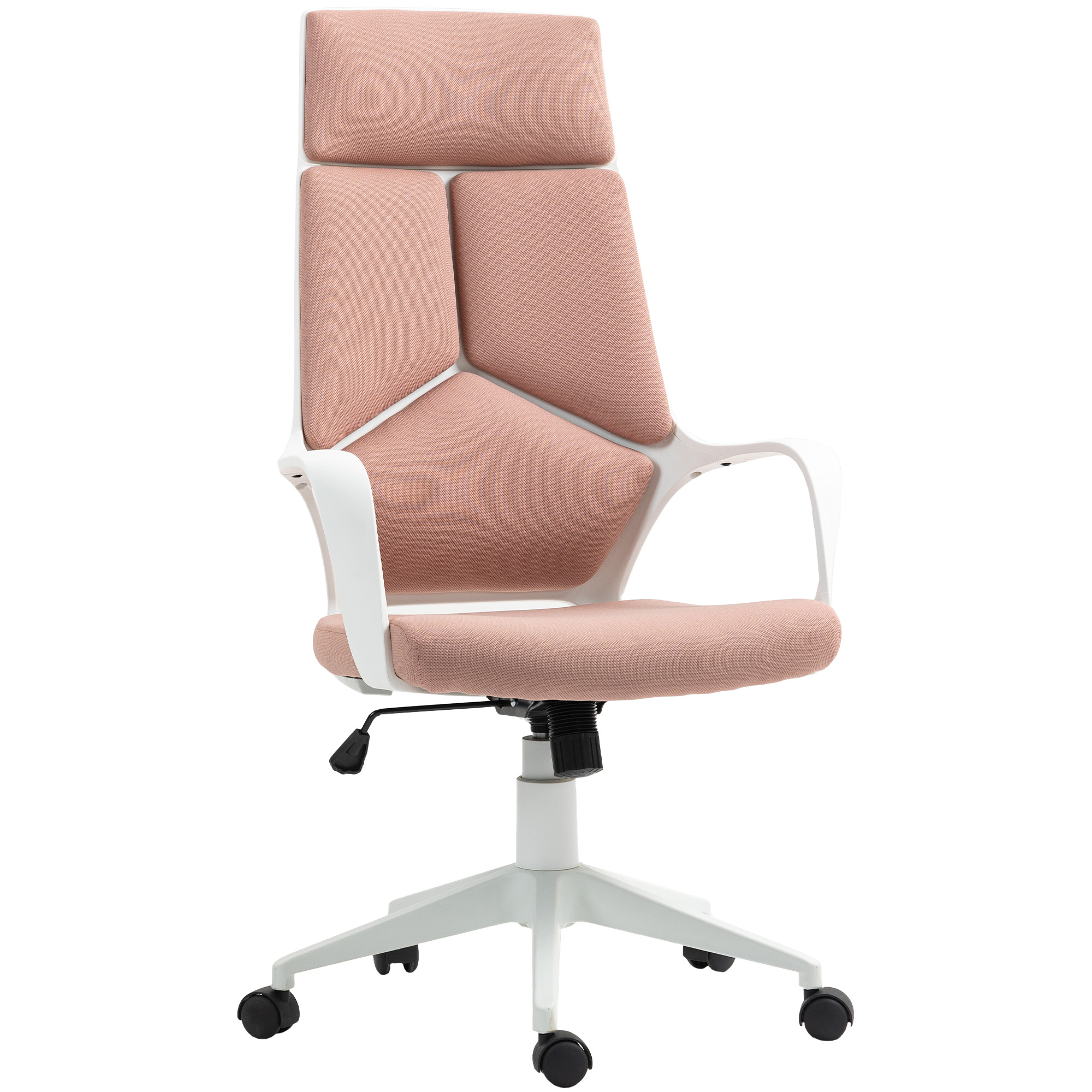 Una sedia da ufficio rosa con telaio bianco e ruote.