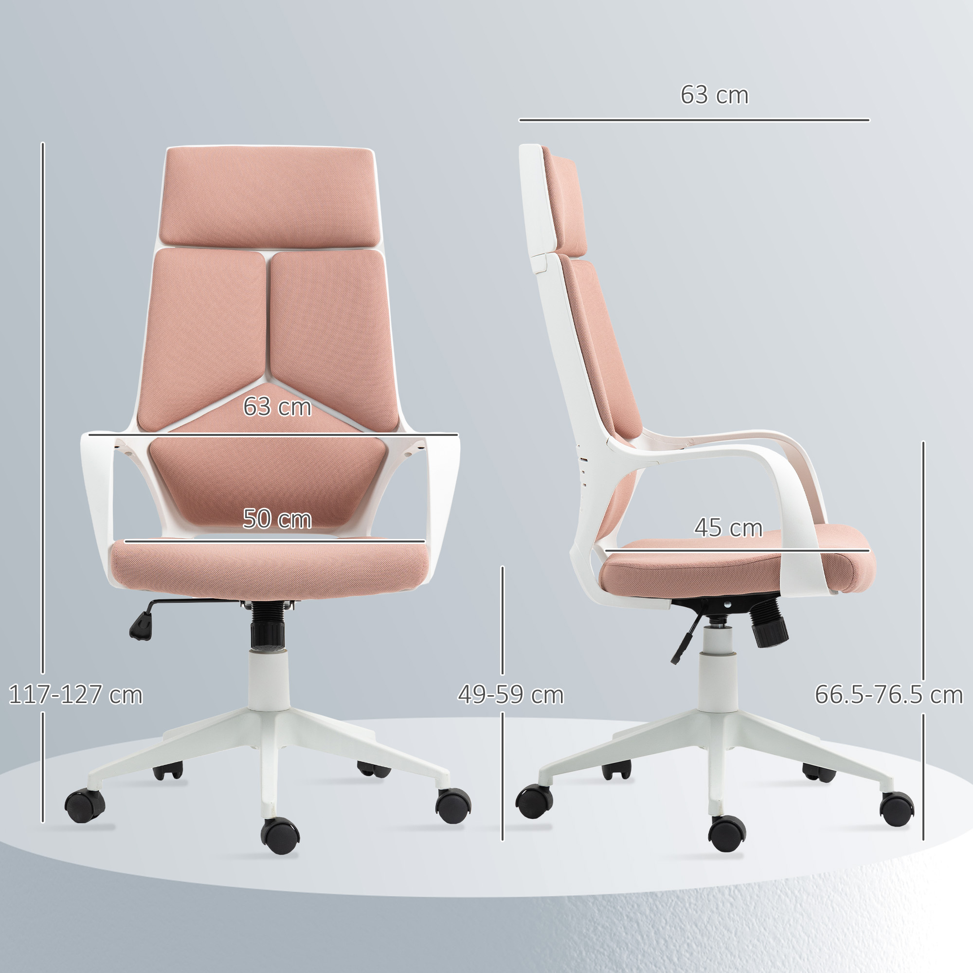 Sedia da ufficio con rivestimento rosa e bracci bianchi, con dimensioni indicate.