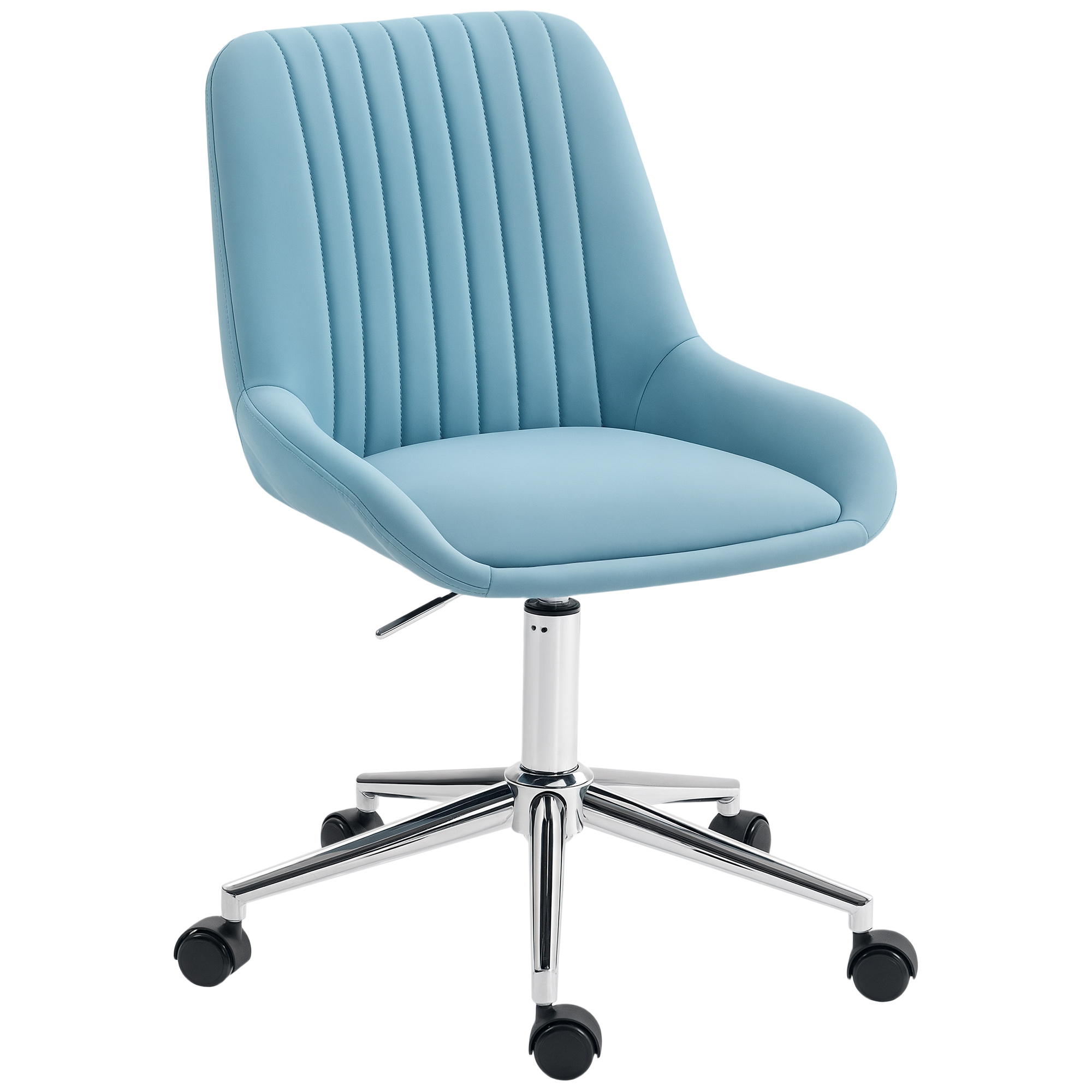 Sedia da ufficio azzurra con base cromata e ruote.