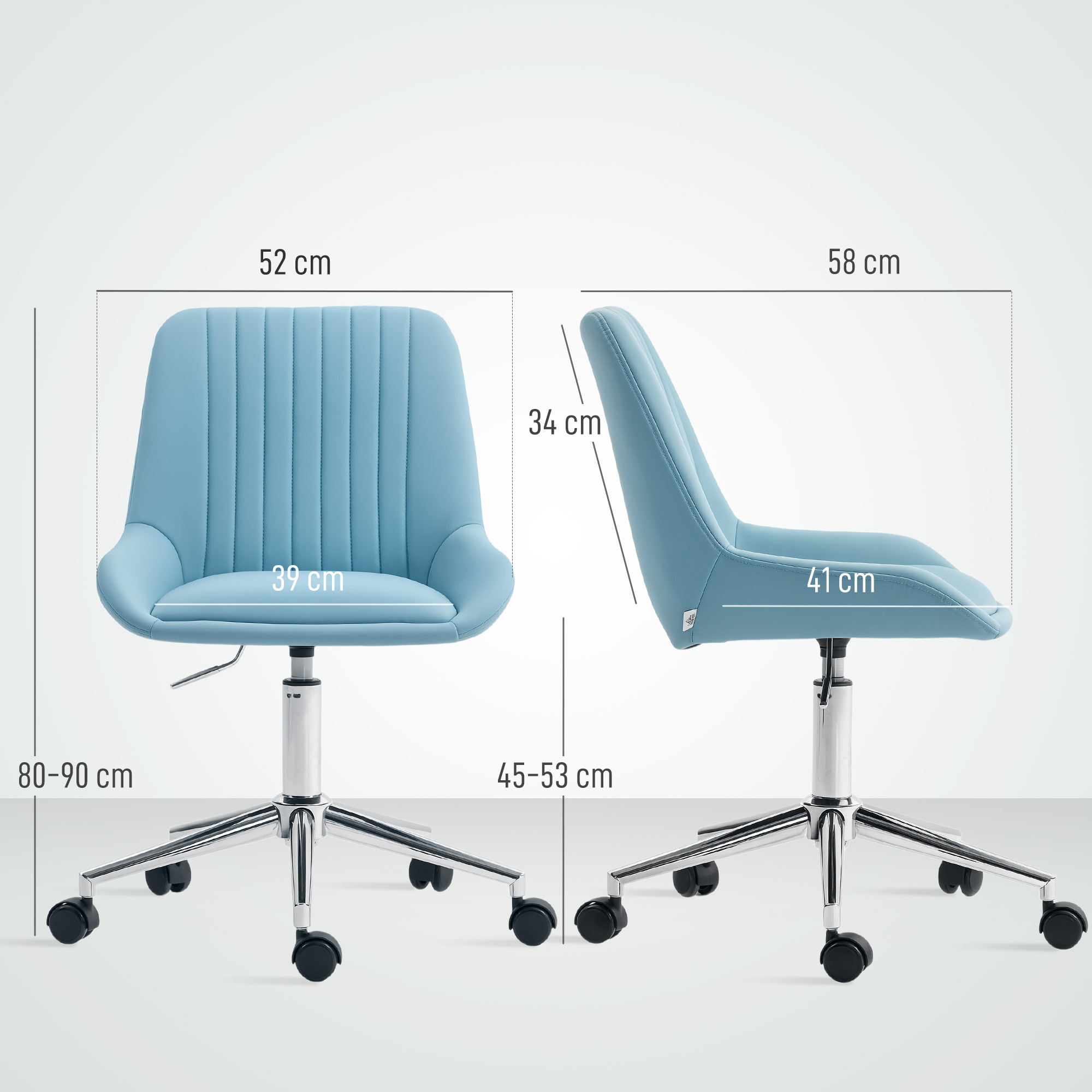Una sedia da ufficio blu chiaro con ruote, mostrata con dimensioni.