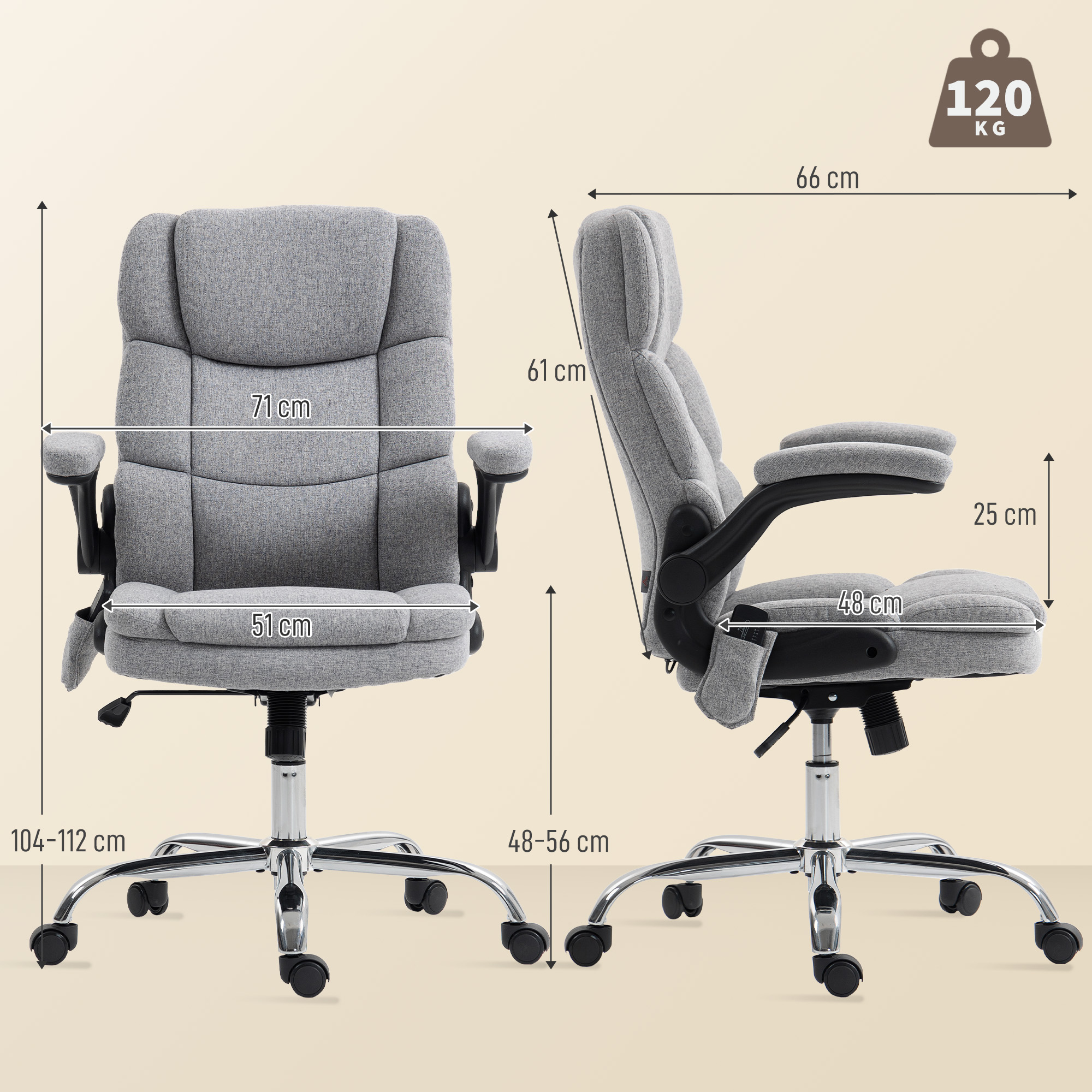Sedia da ufficio grigia con dimensioni: 71cm larghezza, 61cm altezza, 51cm profondità sedile, 120kg.