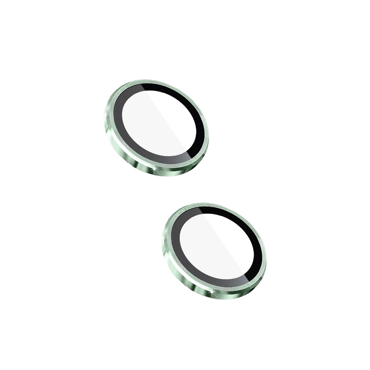 Dos protectores de lente de cámara de teléfono verdes con bordes plateados.