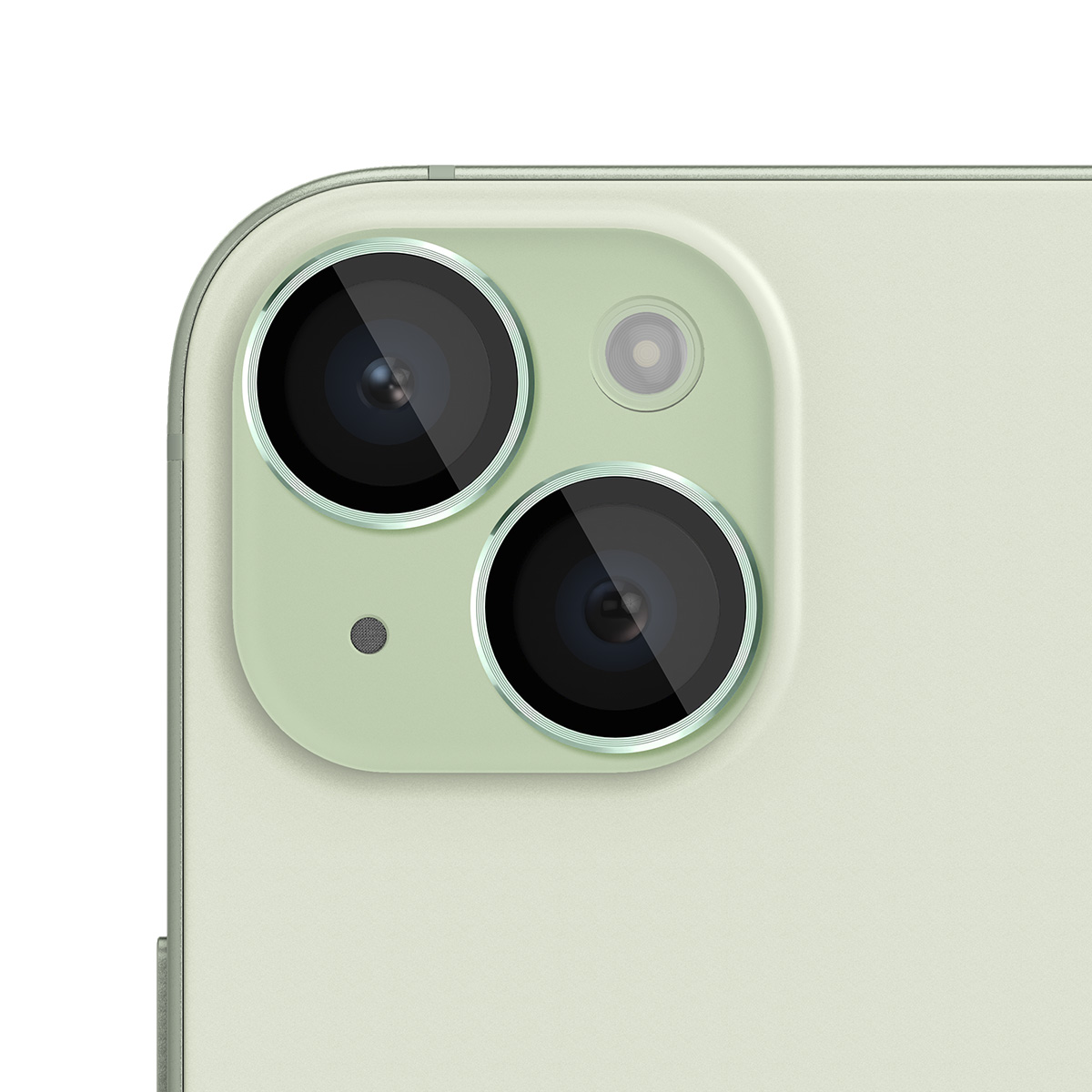 Primer plano del reverso de un smartphone verde claro con dos lentes de cámara y flash.