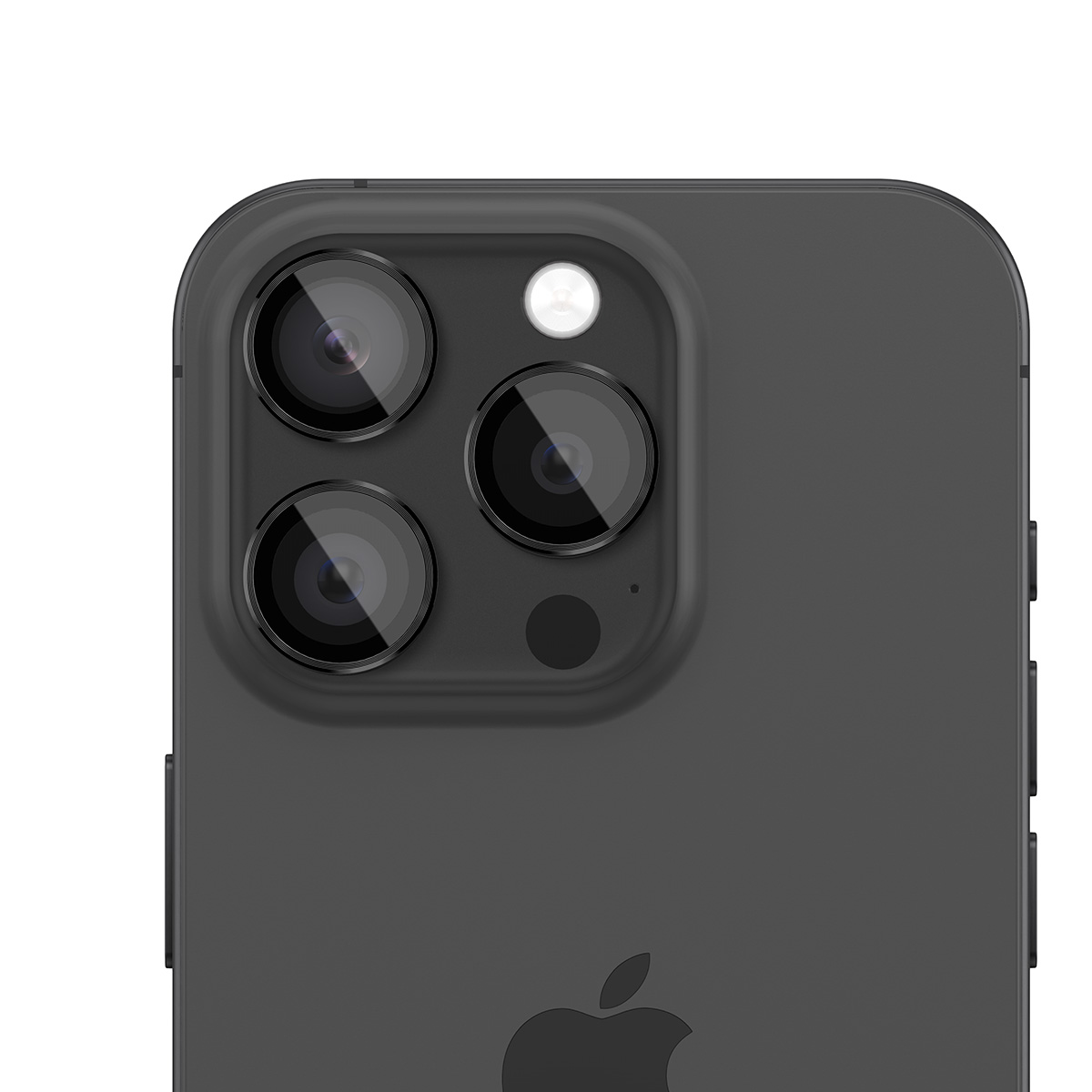Primo piano del retro di un iPhone scuro con tre fotocamere e flash.