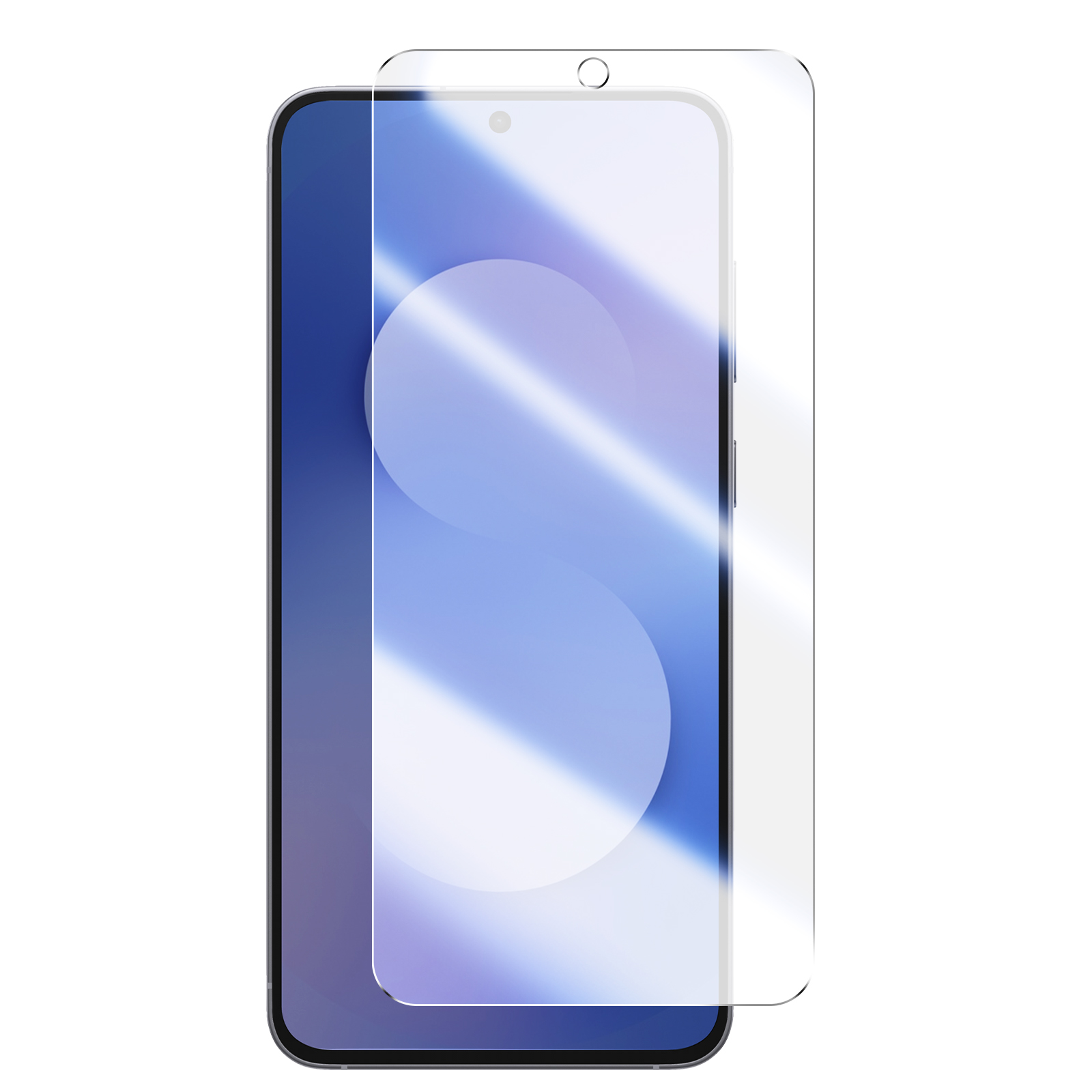 Uno smartphone con una protezione schermo leggermente sfalsata. Lo schermo ha un design astratto blu e bianco.