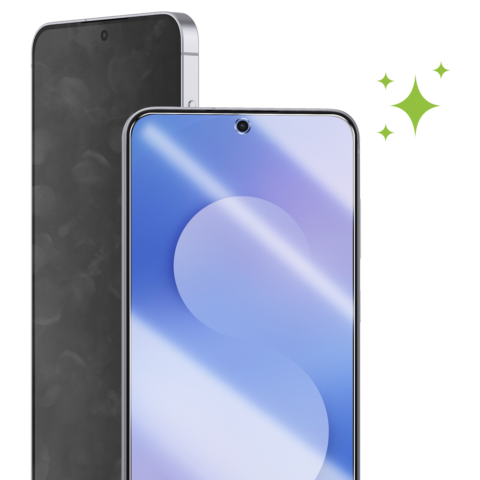 Due smartphone, uno con impronte digitali, l'altro pulito, con scintille verdi.