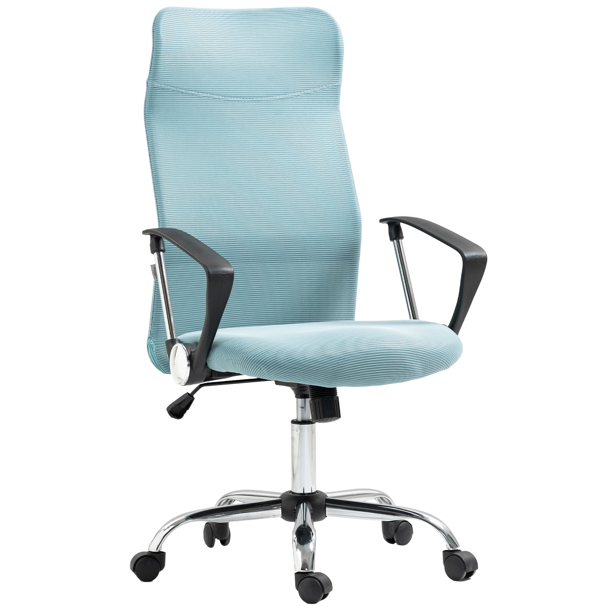 Una sedia da ufficio blu chiaro con braccioli neri e base cromata.