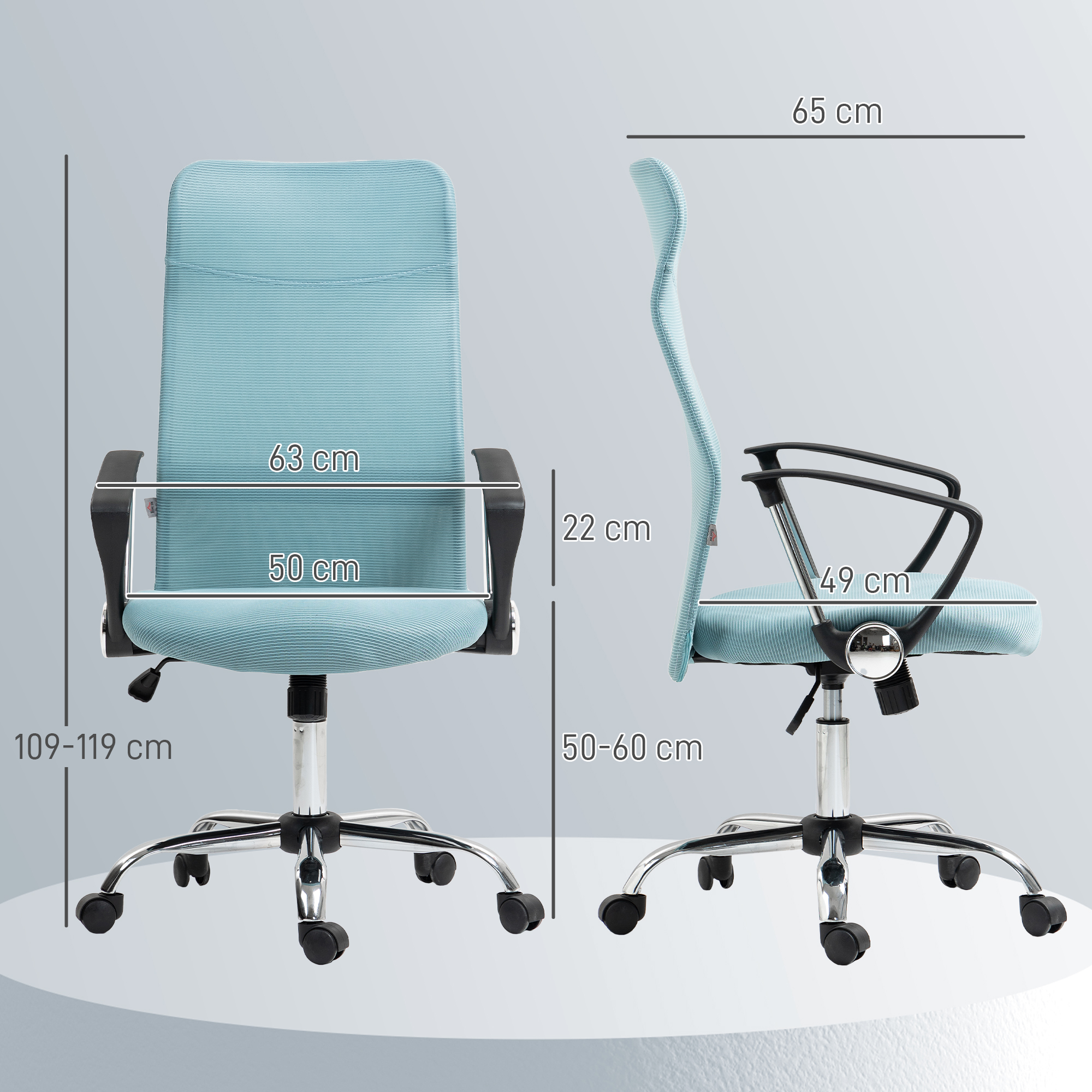 Una sedia da ufficio azzurra con dimensioni per altezza, larghezza e braccioli.