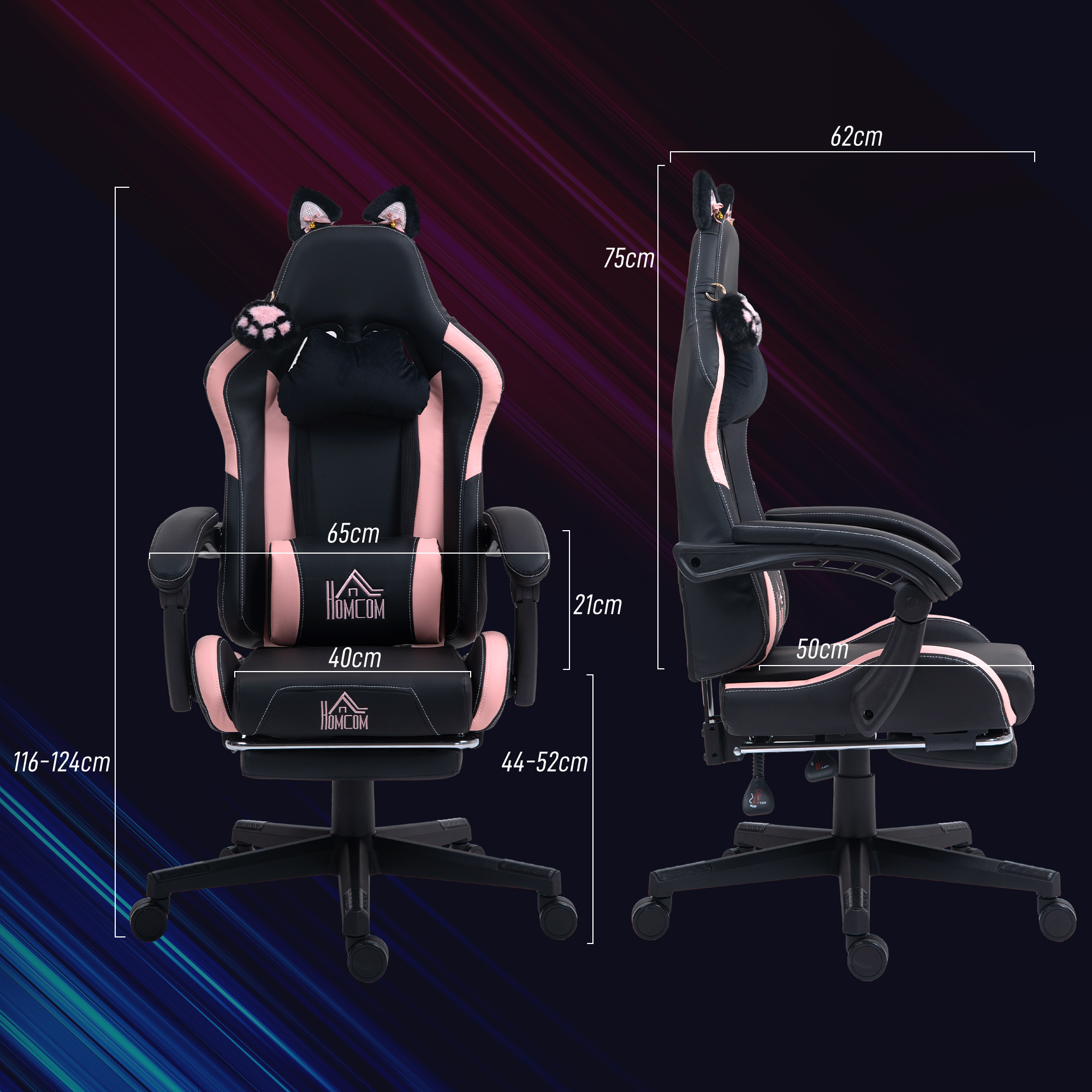 Sedia da gaming nera con accenti rosa e orecchie da gatto. Dimensioni indicate.