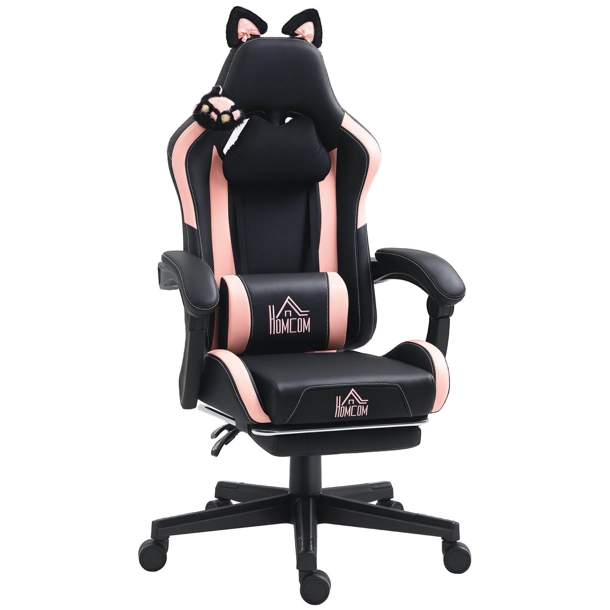 Una sedia da gaming nera con accenti rosa, orecchie da gatto e un cuscino.