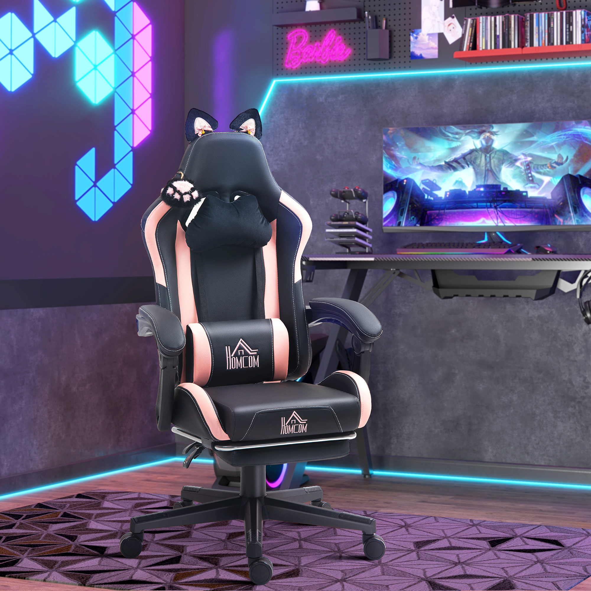 Una sedia da gaming con orecchie da gatto in una stanza con luci al neon.