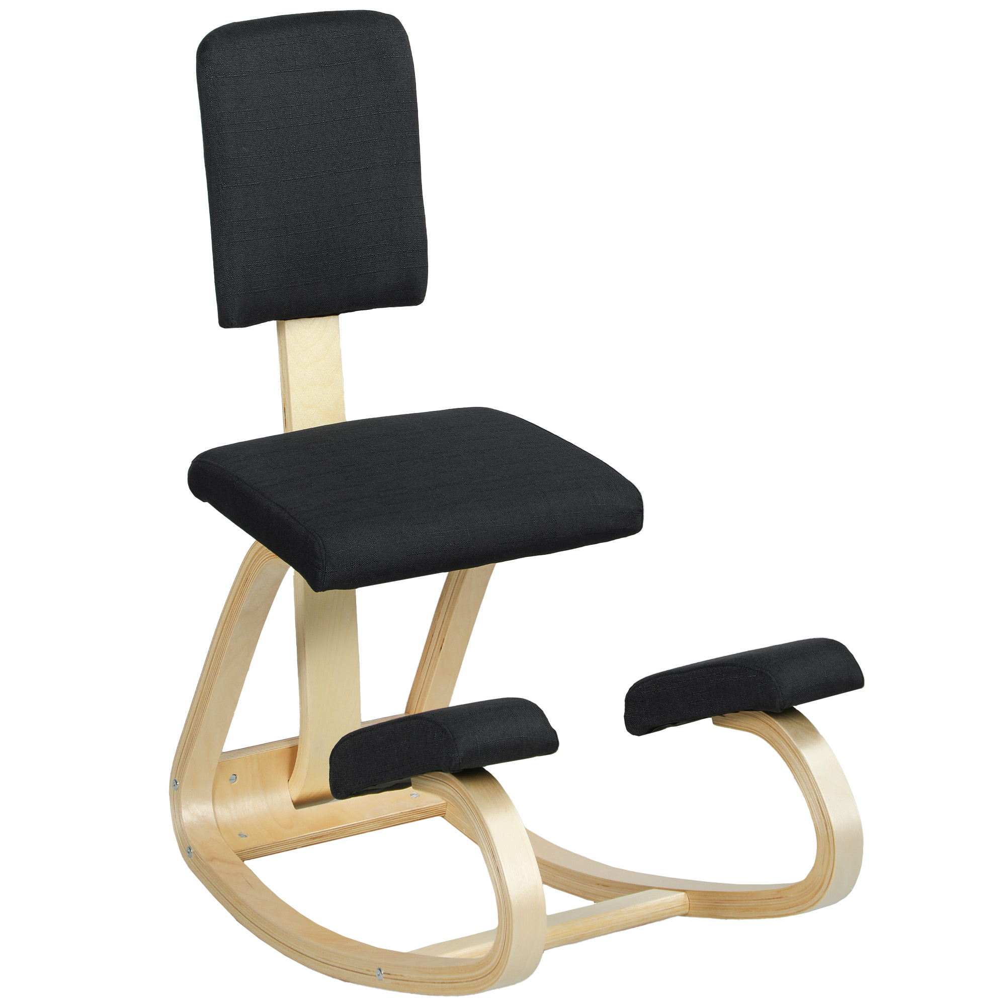 Sedia ergonomica con rivestimento nero e telaio in legno.