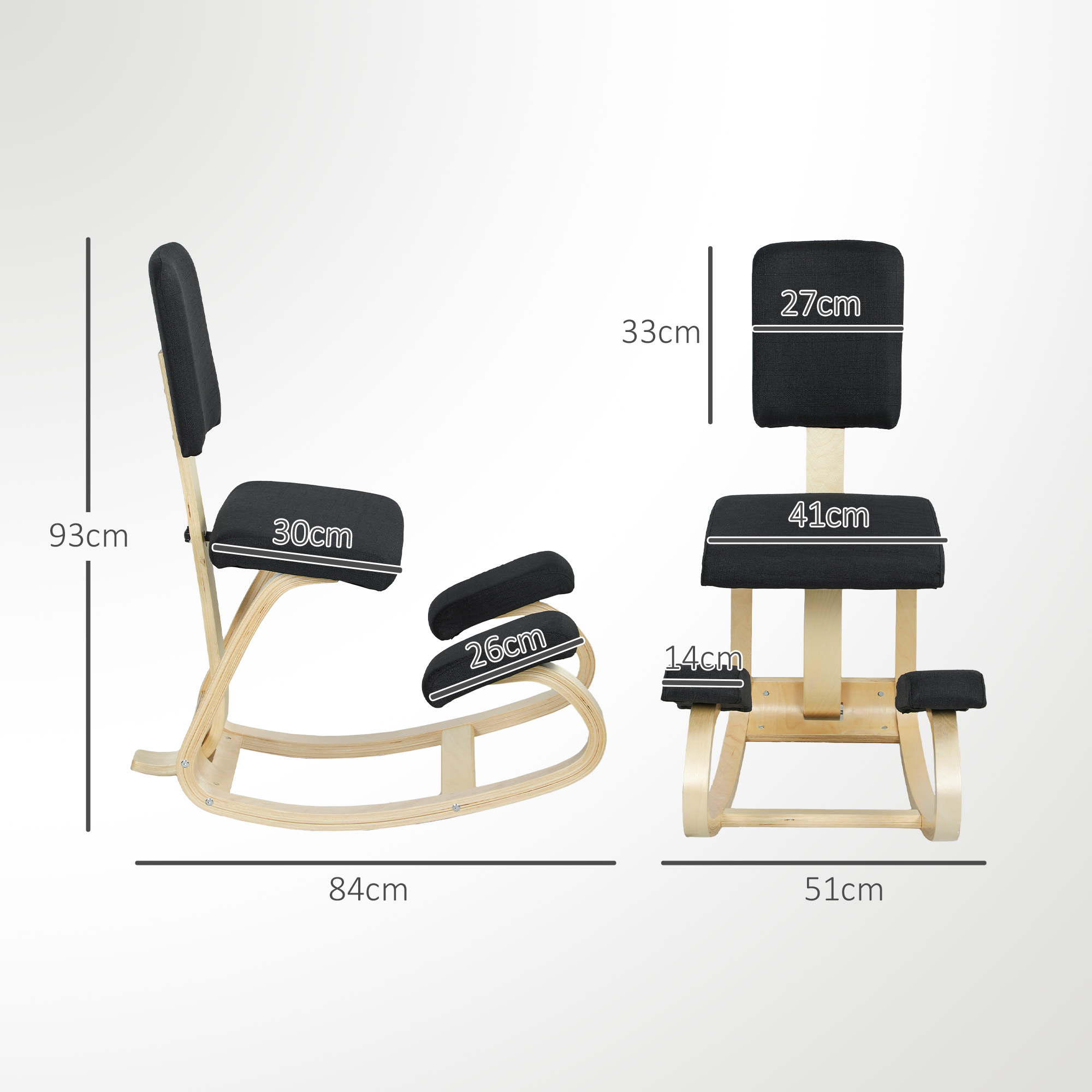 Una sedia inginocchiatoio nera con telaio in legno viene mostrata con dimensioni.