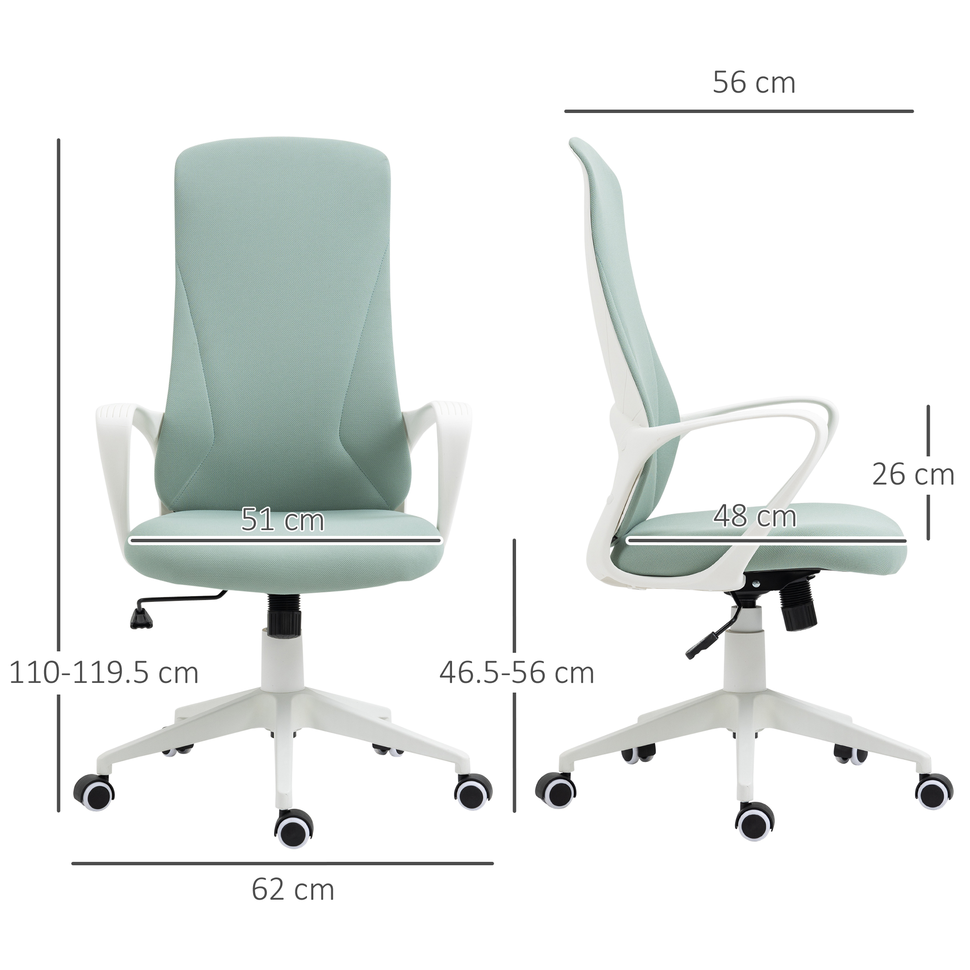 Una sedia da ufficio verde chiaro con bracci e ruote bianchi, dimensioni indicate.