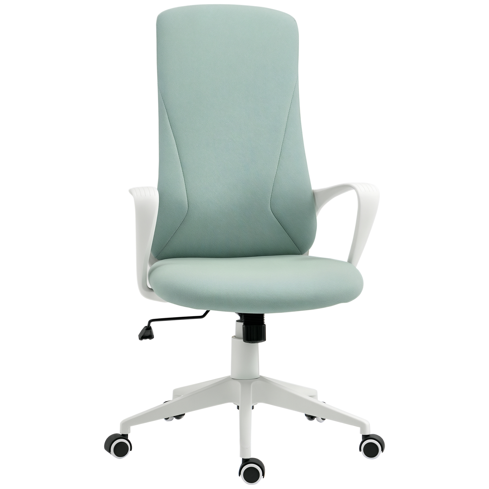 Una sedia da ufficio verde menta con braccioli e base bianchi e ruote.