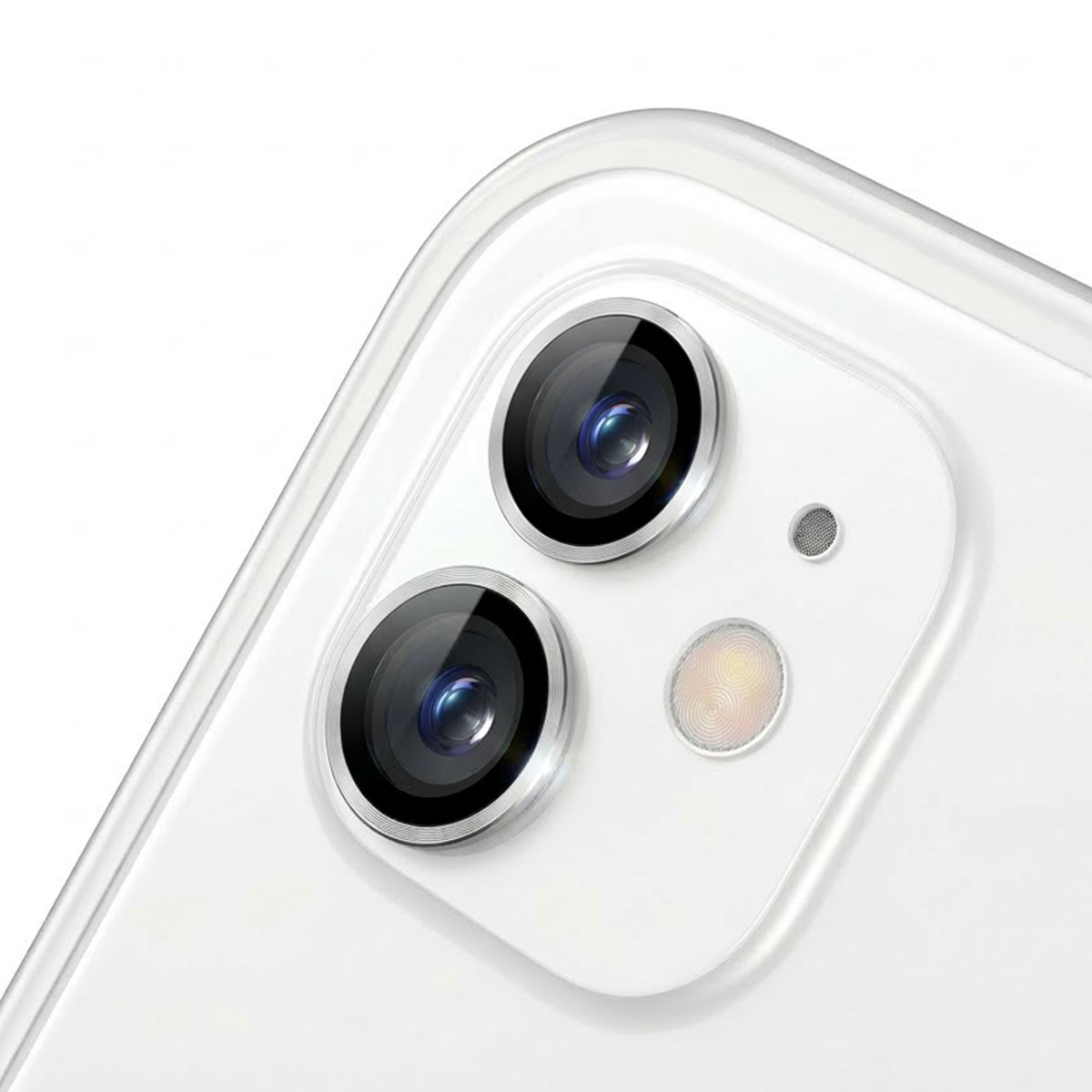 Gros plan d'un smartphone blanc avec deux objectifs, microphone et flash.