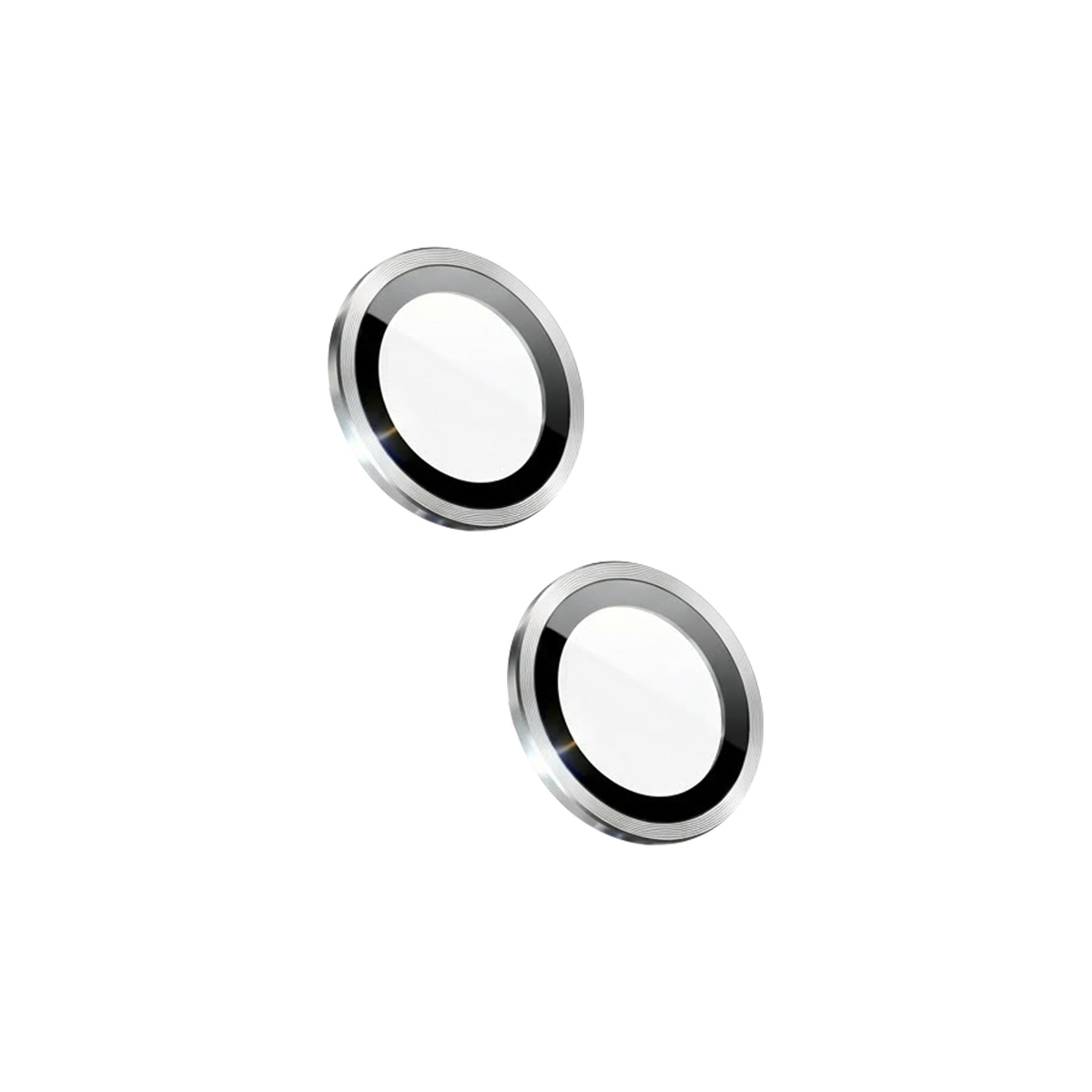 Deux lentilles rondes argentées pour appareil photo de téléphone avec anneaux noirs.