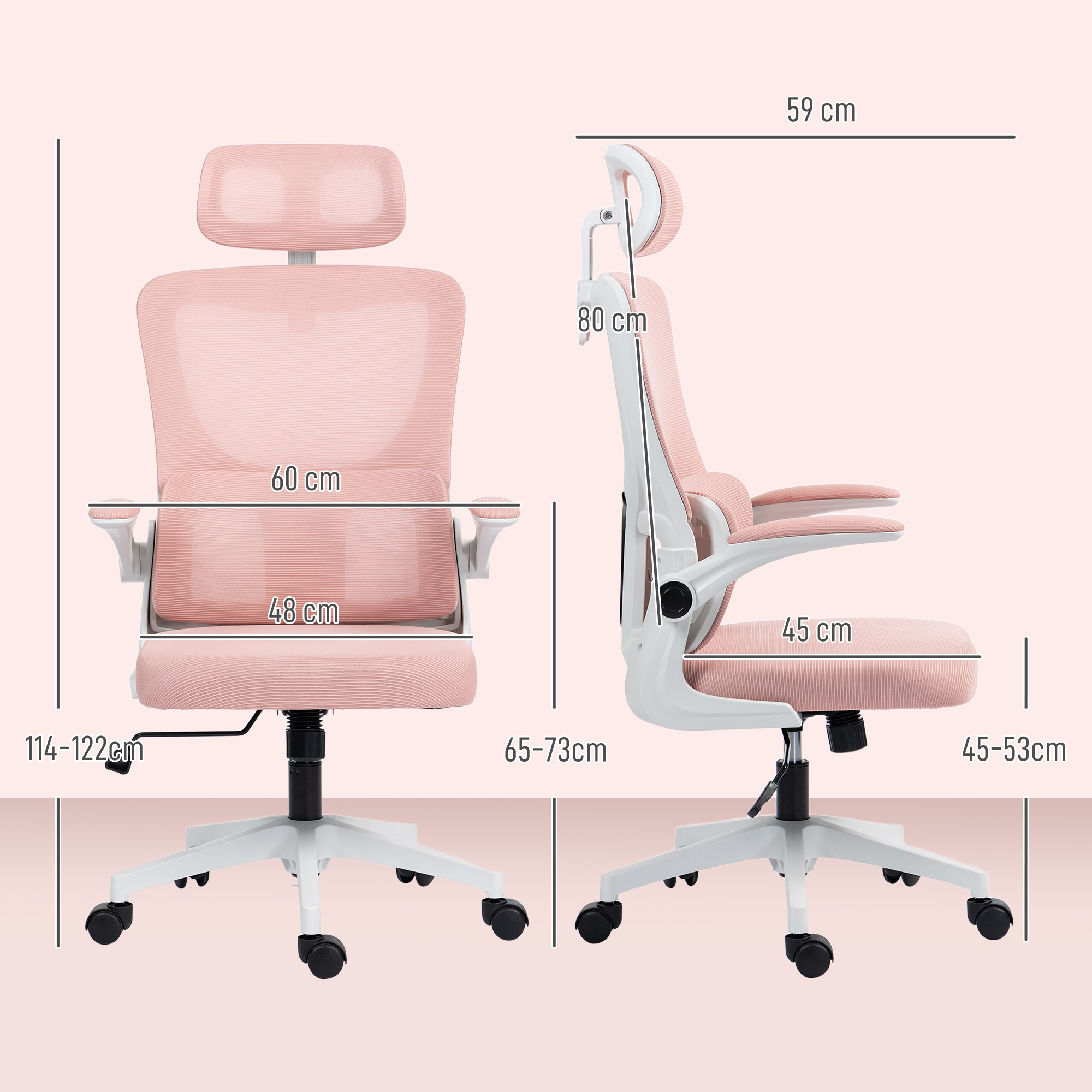Una sedia da ufficio rosa con dimensioni. Vista frontale e laterale.