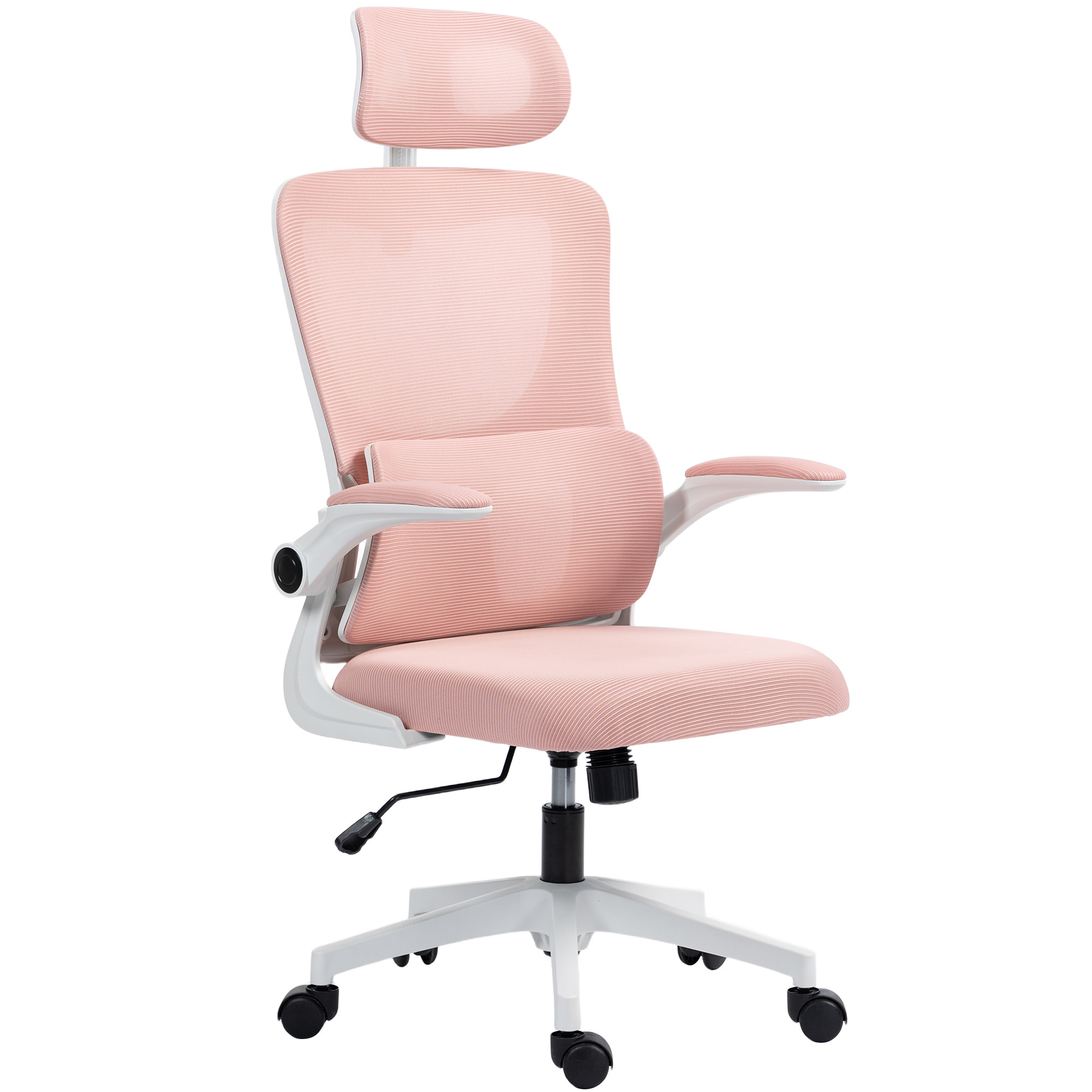 Una sedia da ufficio rosa con poggiatesta e ruote.