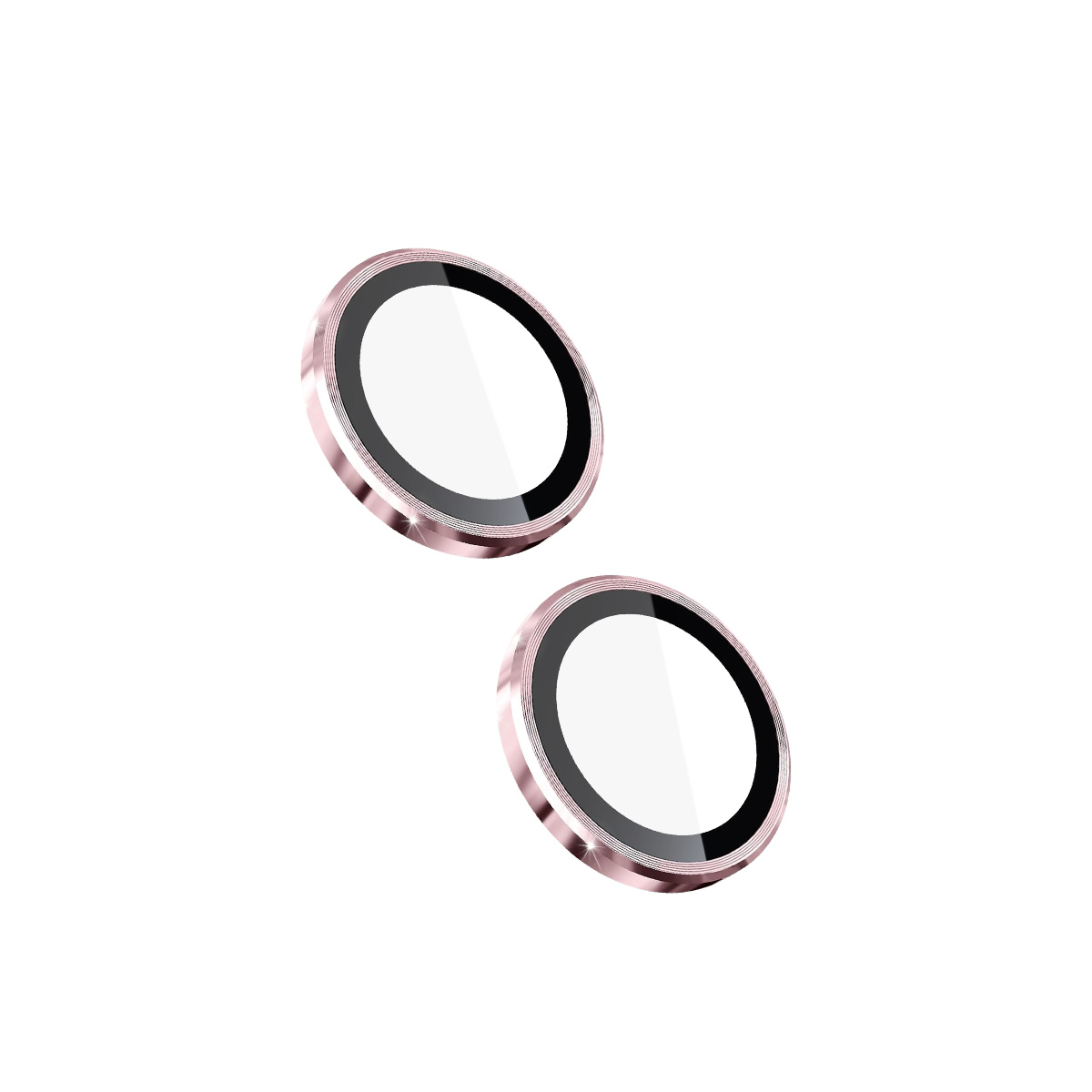Dos protectores de lente de cámara oro rosa con bordes negros sobre fondo blanco.